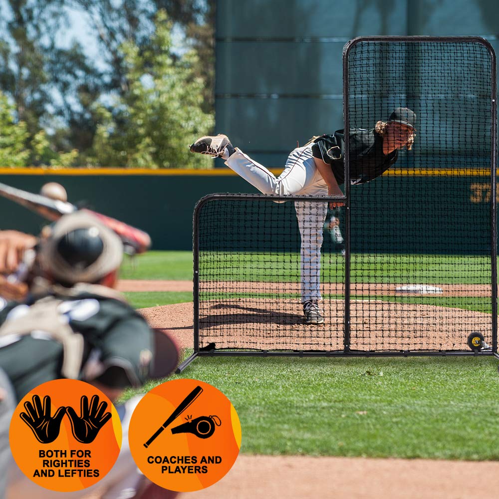 L Screen Baseball for Batting Cage | Baseball Pitching Net with Wheels-7 feet by 7 feet, 3.5 Inch by 3.5 Inch Cutout, Body Protector for Back Drive Lines Beisbol U1