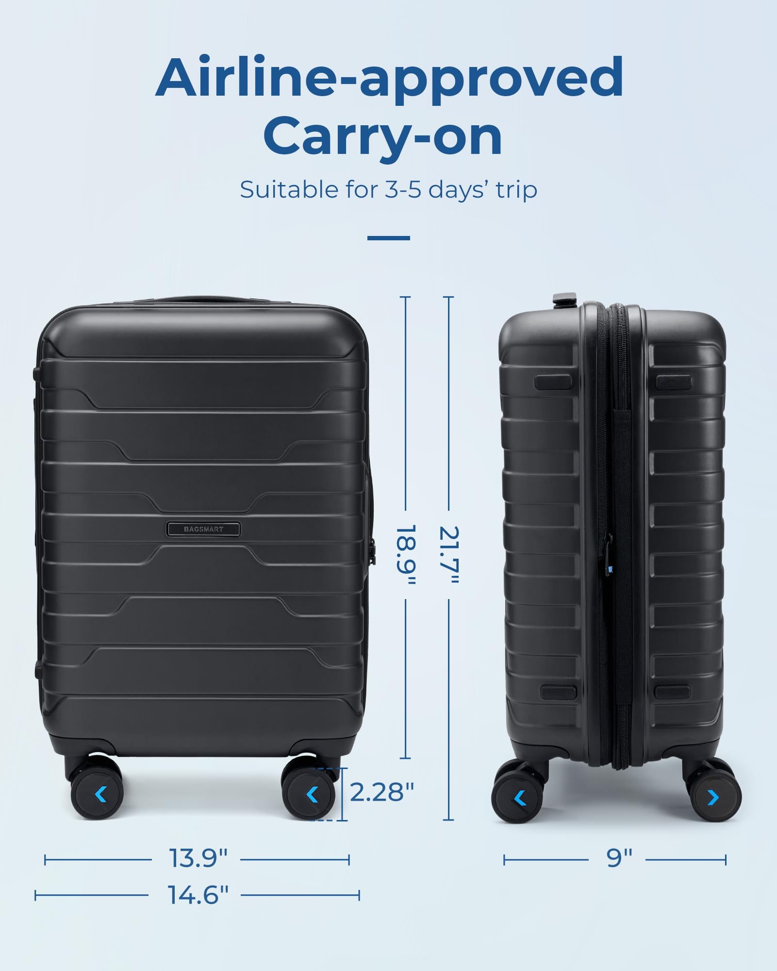 BAGSMART Carry On Luggage 22x14x9 Airline Approved with TSA Lock,20 Inch Lightweight Luggage with Spinner Wheels,100% PC Hard Shell Carry On Suitcases for Men Women,Black U1
