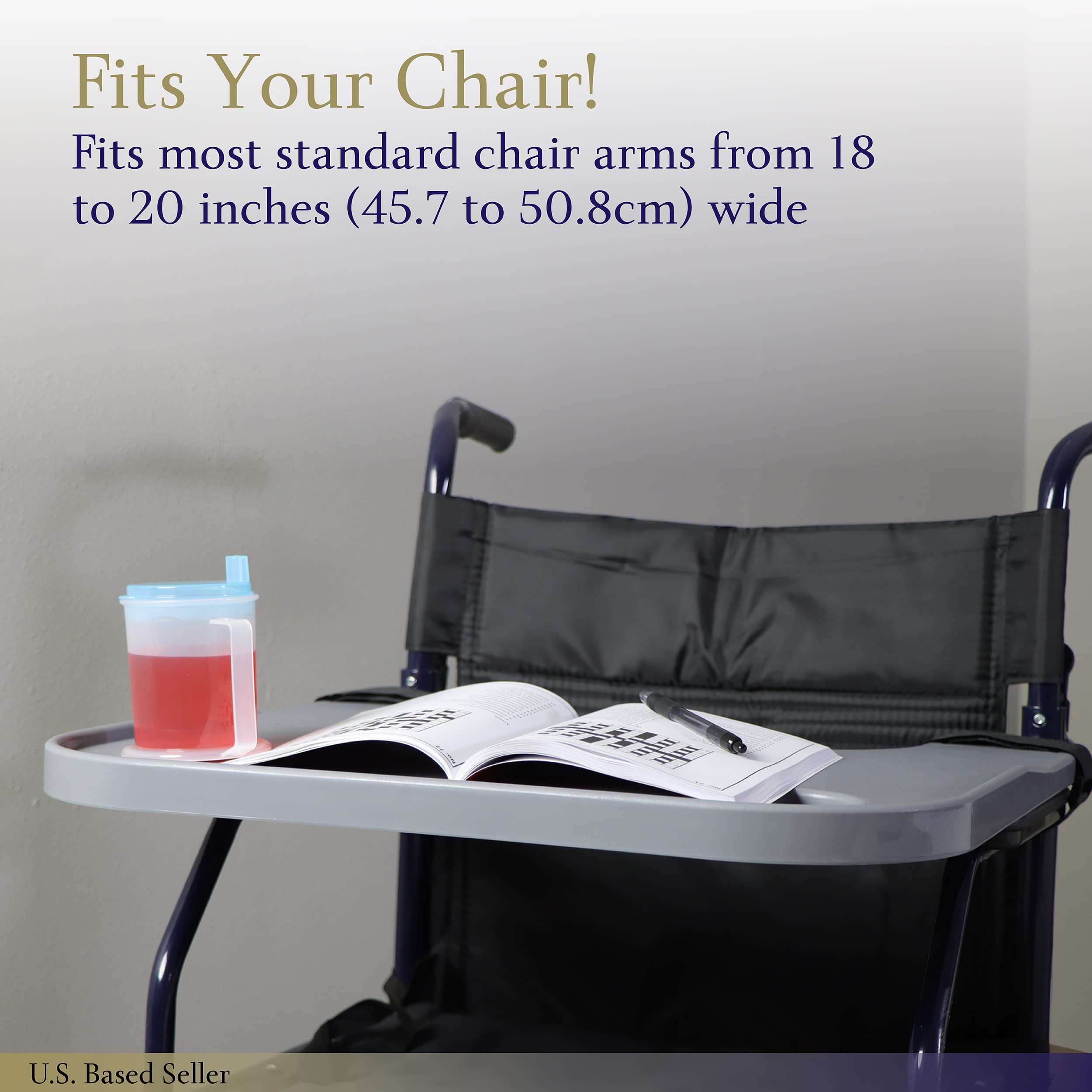 Mondo Medical Gray Strap On Wheelchair Tray Table Attachment for 18 to 20in Wide Wheelchair - Removable Electric Wheelchair Accessories for Adults with Cup Holder and Phone Groove U1