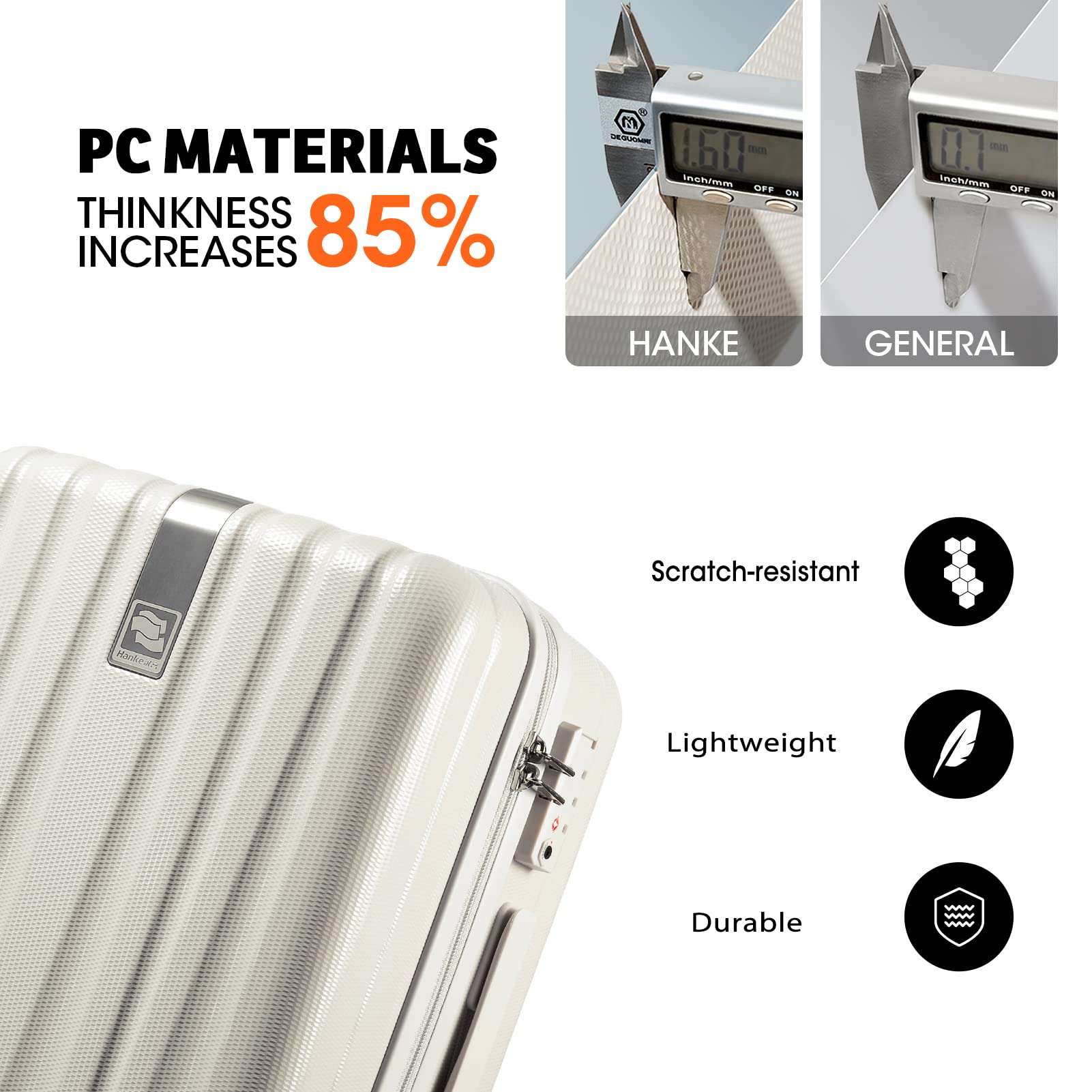 Hanke Lightweight Hardside Checked-Medium Luggage with 8 Spinner Silent Wheels, Travel Luggage, Rolling Suitcase TSA Approved, White, 24-Inch   U1