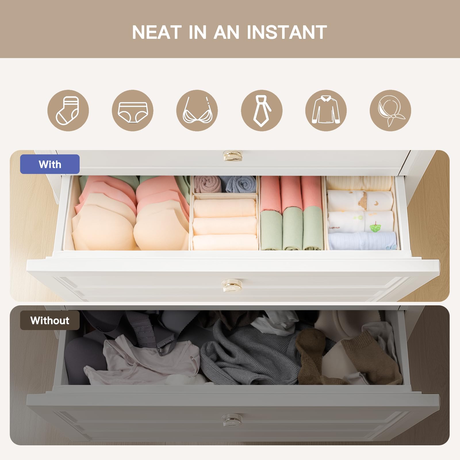 Criusia Drawer Organizer Clothes, 21 Pack Dresser Organizer for Baby Clothes, Underwear, Sock - Foldable Closet Organization and Storage Dividers Bins for Nursery, Bedroom (Beige) Beige 21PACK U1