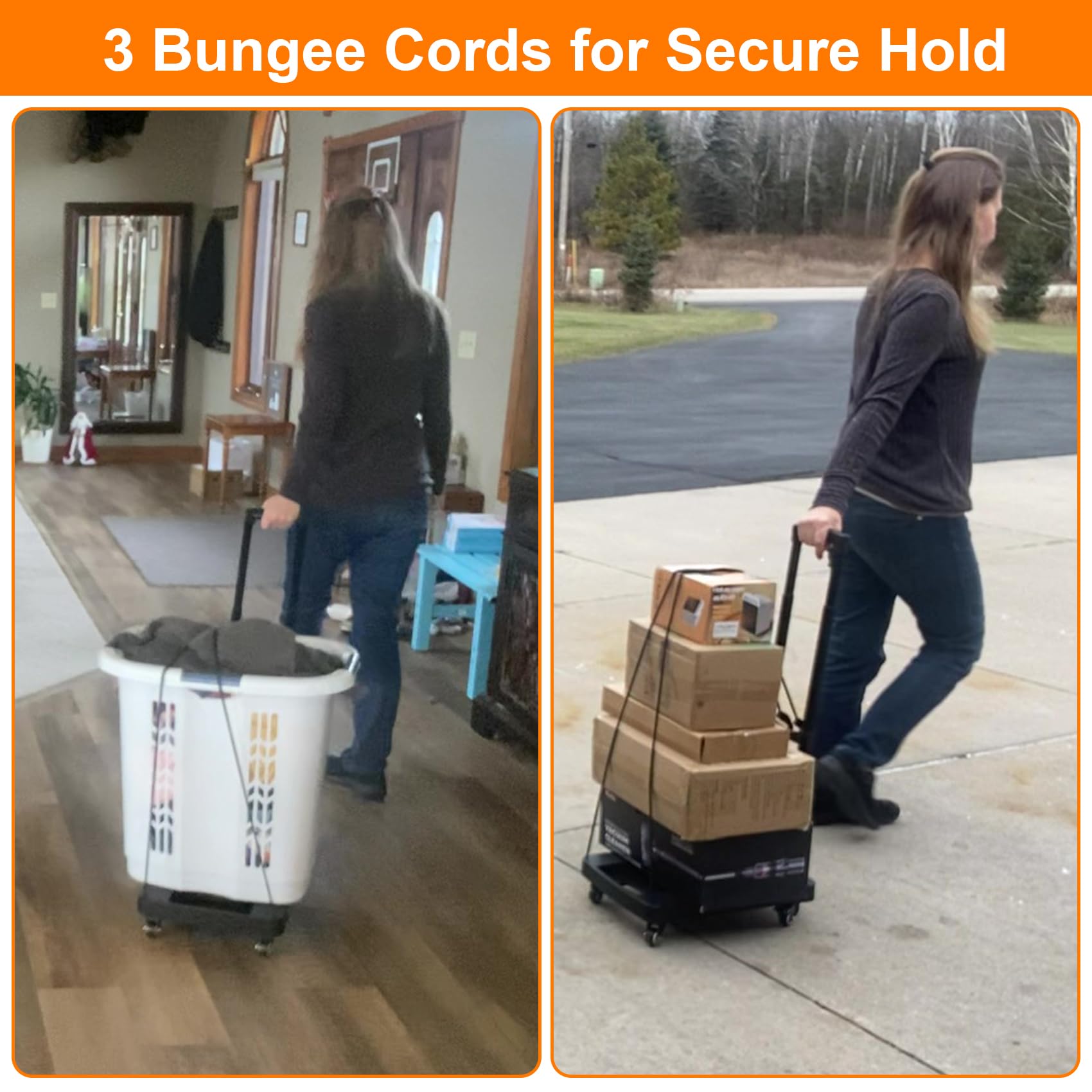 Folding Hand Truck, Portable Push Cart & Luggage Dolly Cart with 2 Braking Swivel Wheels and 3 Bungee Cords for Backpack, Travel, Moving, and Office Use U1