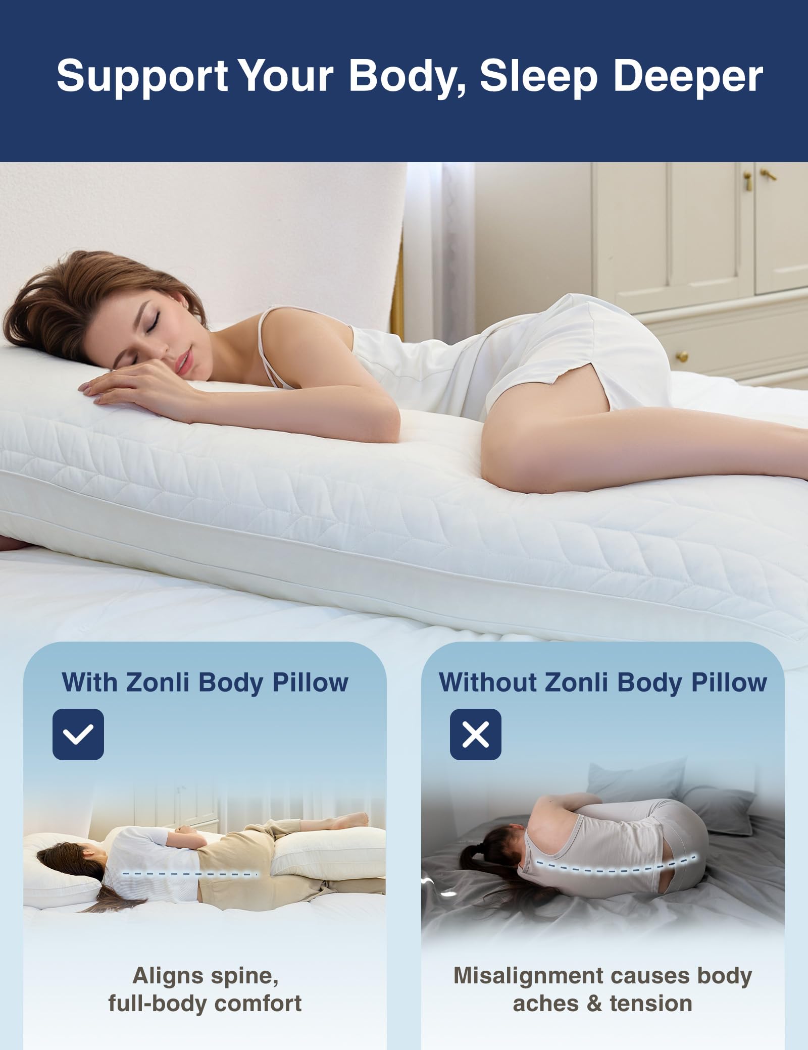 ZonLi Memory Foam Body Pillow for Adults, Long Pillow for Bed, Firm Body Pillow for Side Sleeper, Elegant Quilted Full Length Body Pillows Large -20x54 inch, White White 20 in x 54 in U1