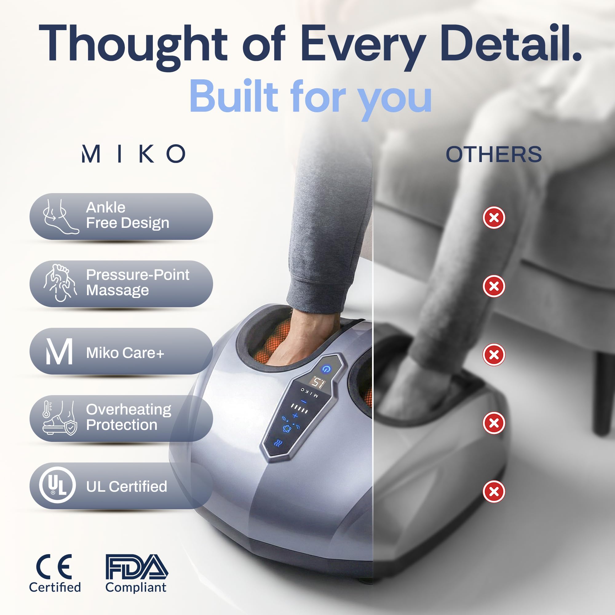 MIKO Foot Massager Machine with Deep-Kneading, Compression, Shiatsu, and Heat for Plantar Fasciitis, Neuropathy - Fits up to Men Size 12 Grey With Button Grey U1