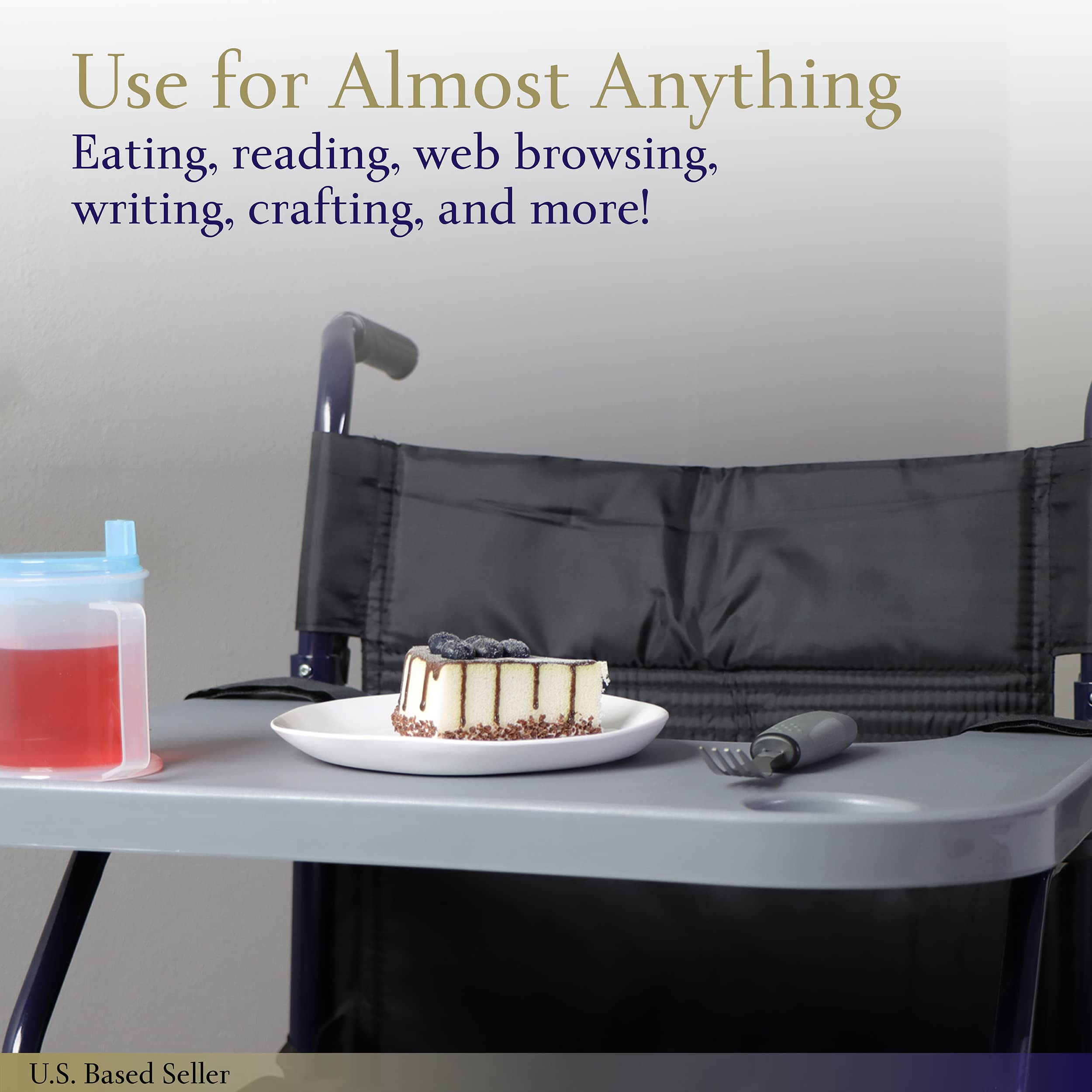 Mondo Medical Gray Strap On Wheelchair Tray Table Attachment for 18 to 20in Wide Wheelchair - Removable Electric Wheelchair Accessories for Adults with Cup Holder and Phone Groove U2