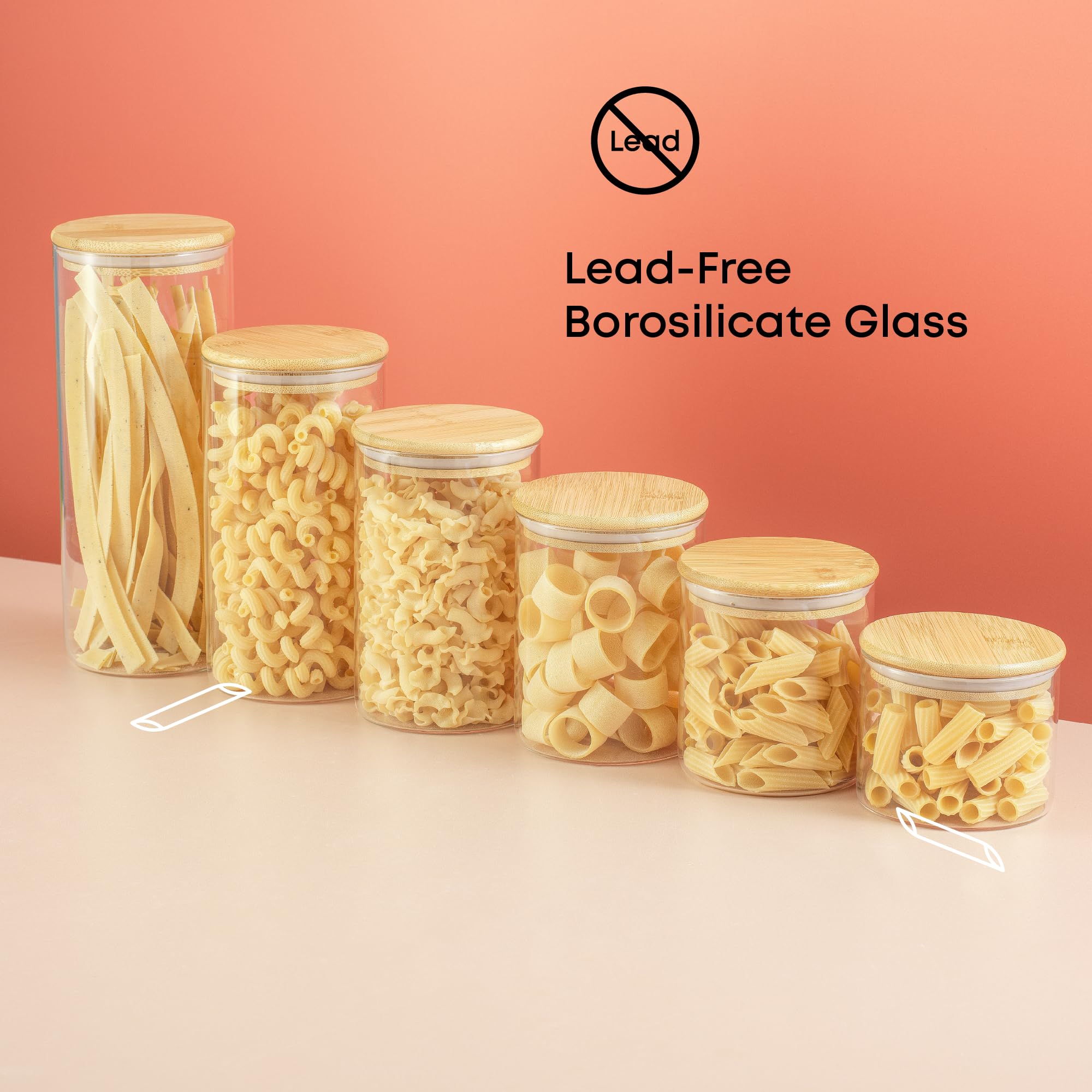 JoyJolt Borosilicate Glass Jars With Bamboo Lids. 6 Pc Set of Air Tight Sealable Containers. Food Jar Canisters with Airtight Lid for Pantry Storage and Kitchen Organization. U1