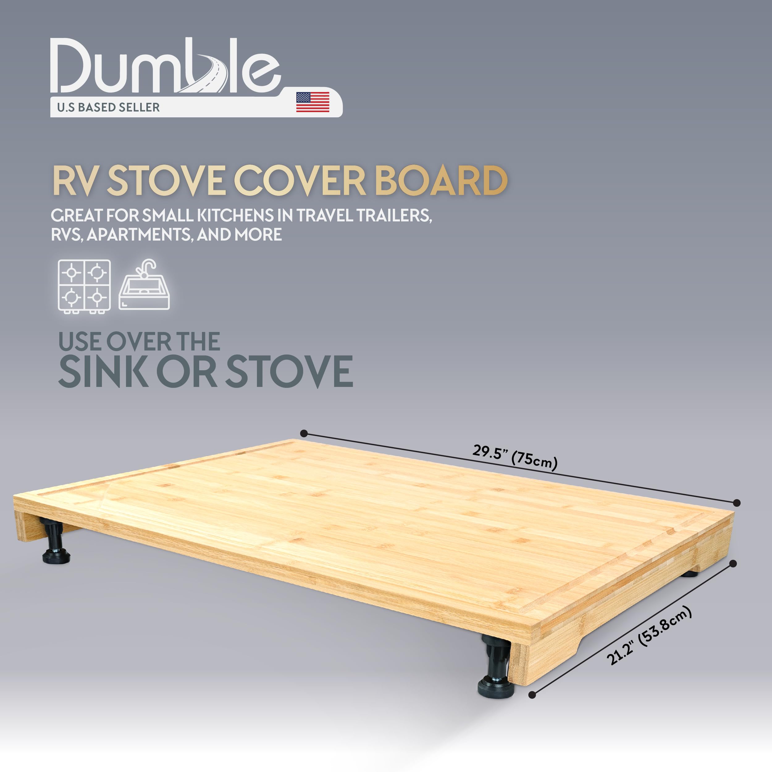 Dumble RV Stove Cover Board - 30x21 Inch Bamboo Cutting Board Stove Cover for Camper Trailer Gas or Electric Range - Noodle Board Butcher Block for Cooktop with Adjustable Height Feet U1