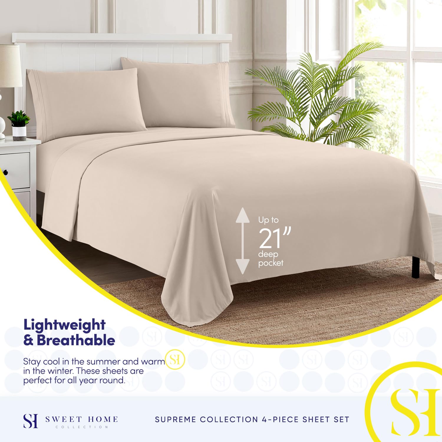 King Size Sheets - Breathable Luxury Bed Sheets with Full Elastic & Secure Corner Straps Built In - 1800 Supreme Collection Extra Soft Deep Pocket Bedding, Sheet Set, EXTRA DEEP pocket - King, Beige Beige EXTRA DEEP pocket - King U3