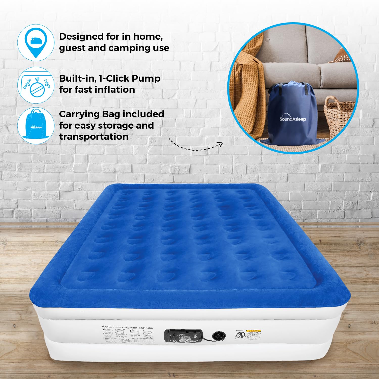 SoundAsleep Dream Series Luxury Air Mattress with ComfortCoil Technology & Built-in High Capacity Pump for Home & Camping- Double Height, Adjustable, Inflatable Blow Up, Portable - King Size Blue King U1