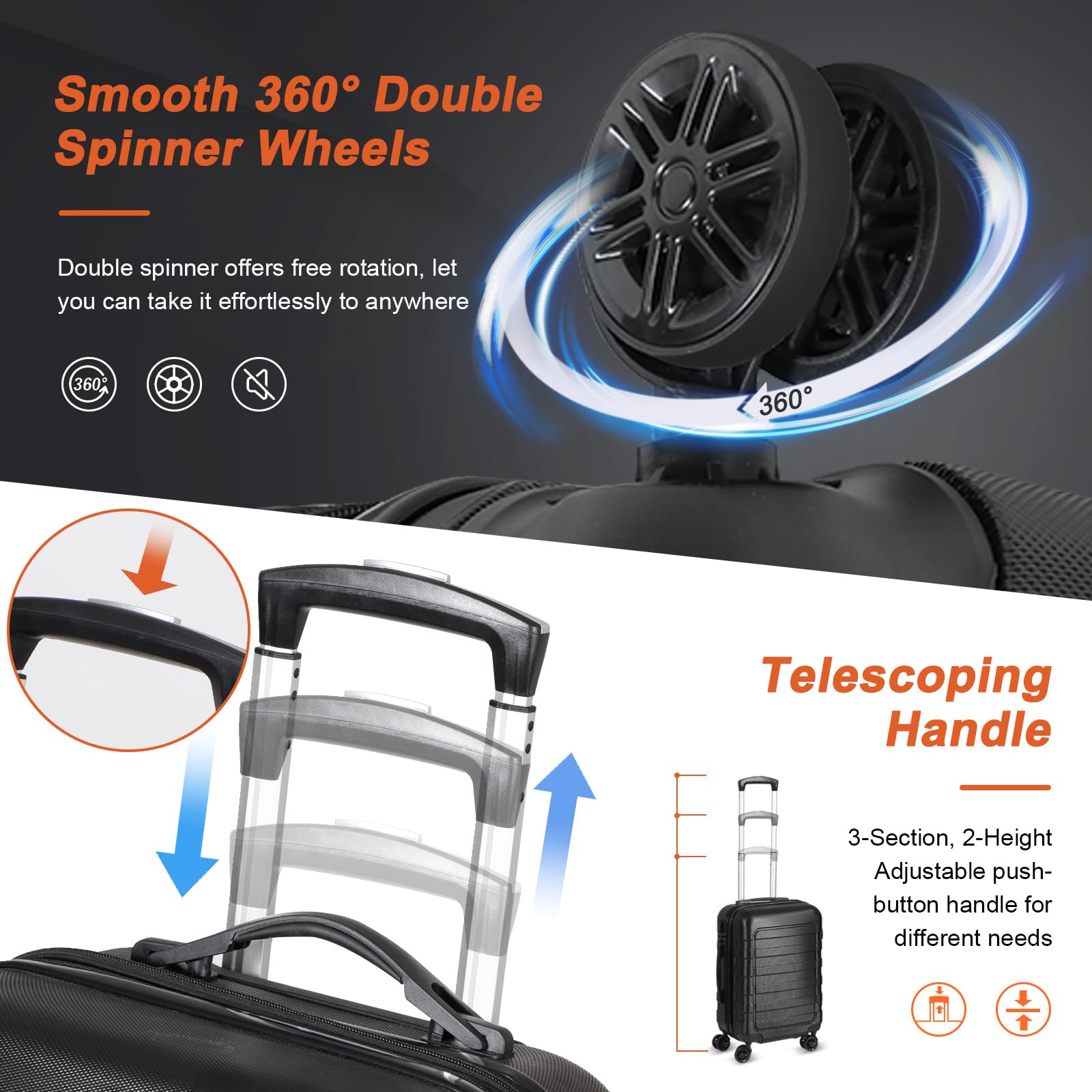 ZENY Hardside Expandable Spinner Luggage Suitcase Lightweight Travel Luggage with Double Spinner Wheels, Carry-On 21 Inch (Black) U1