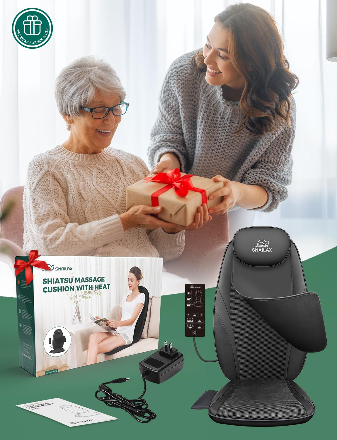 Snailax Back Massager with Soothing Heat, Gifts for Men, Women, Electric Deep Tissue Kneading Full Body Massage Chair for Back Pain, Home, Office Use, App Control Black 1 Count U1