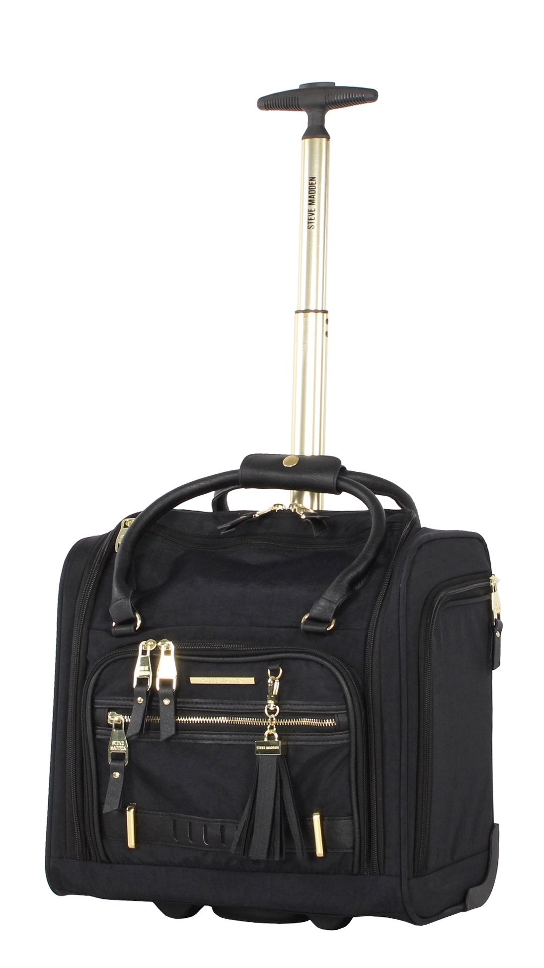 steve madden Designer 15 Inch Carry on Suitcase- Small Weekender Overnight Business Travel Luggage- Lightweight 2- Rolling Spinner Wheels Under Seat Bag for Women (Peek-A-Boo Black) Peek-A-Boo Black One_Size U1