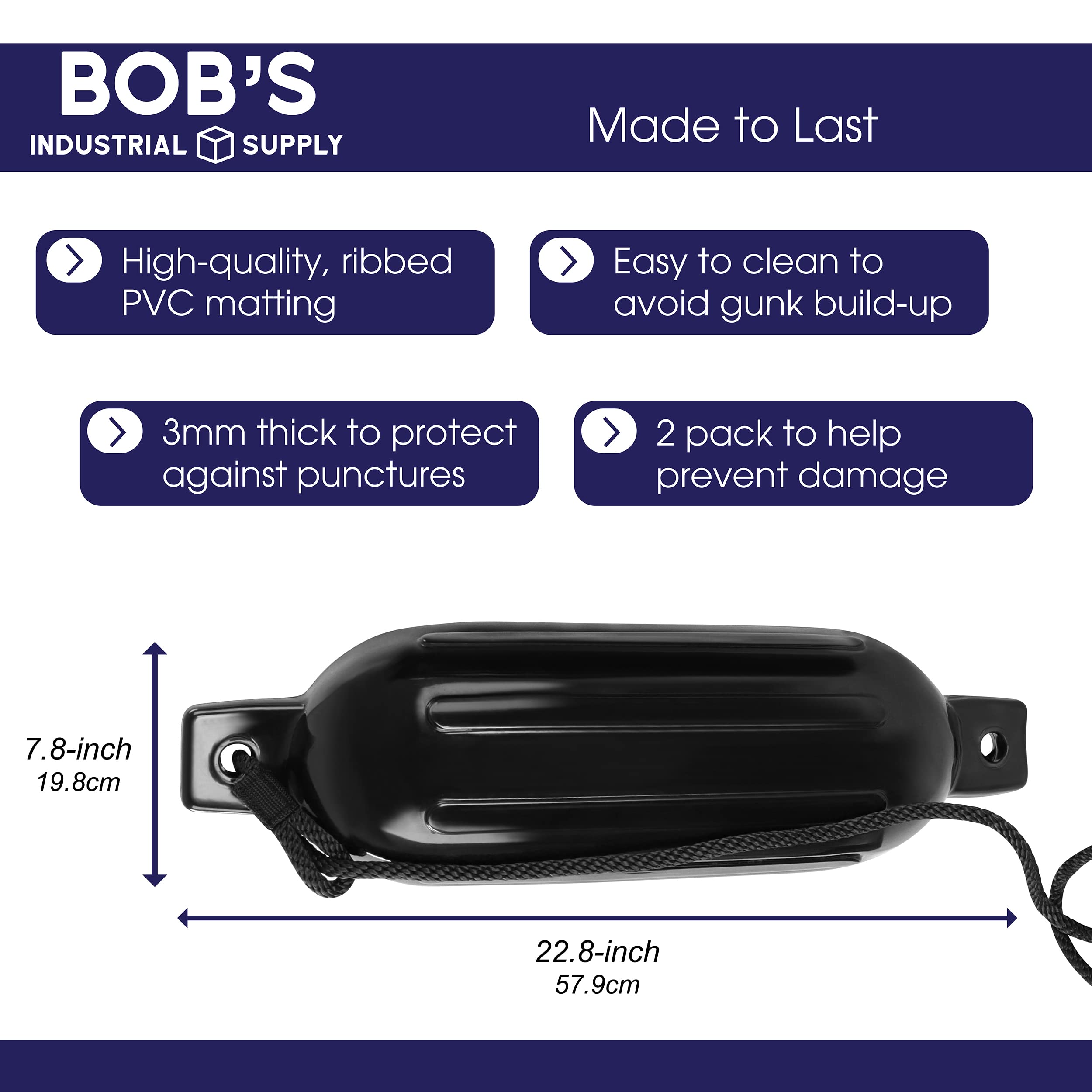 BISupply Boat Bumpers for Docking - Boat Fenders Black 2 Pack 22.8 x 7.8in Buoys with 2 Fender Lines and 12in Inflator U2