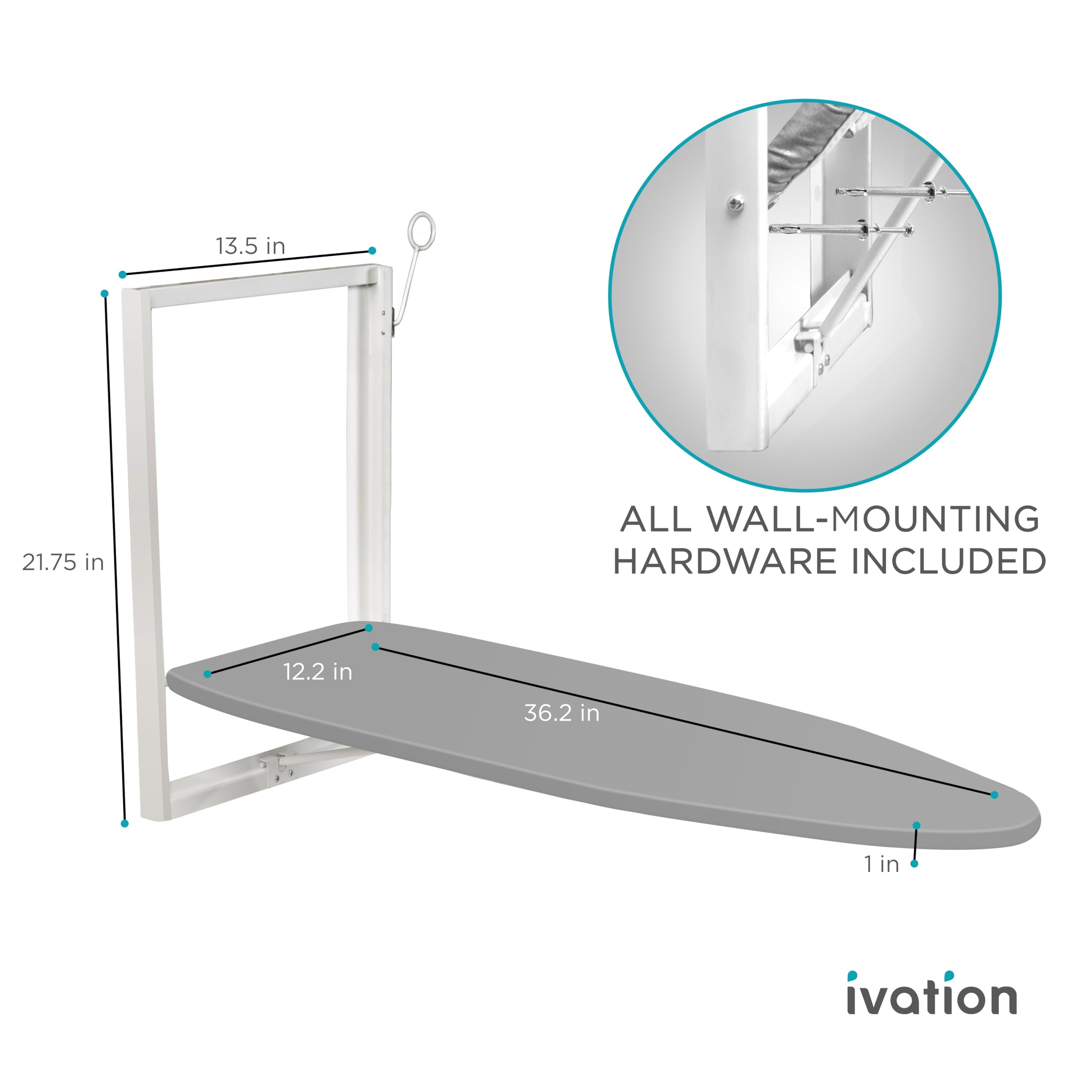 Ivation Wall-Mounted Ironing Board | Foldable 36.2” x 12.2” Ironing Station for Home, Apartment & Small Spaces | Sturdy Folding Board, Easy-Release Lever, Removable Cotton Cover & Mounting Hardware U1