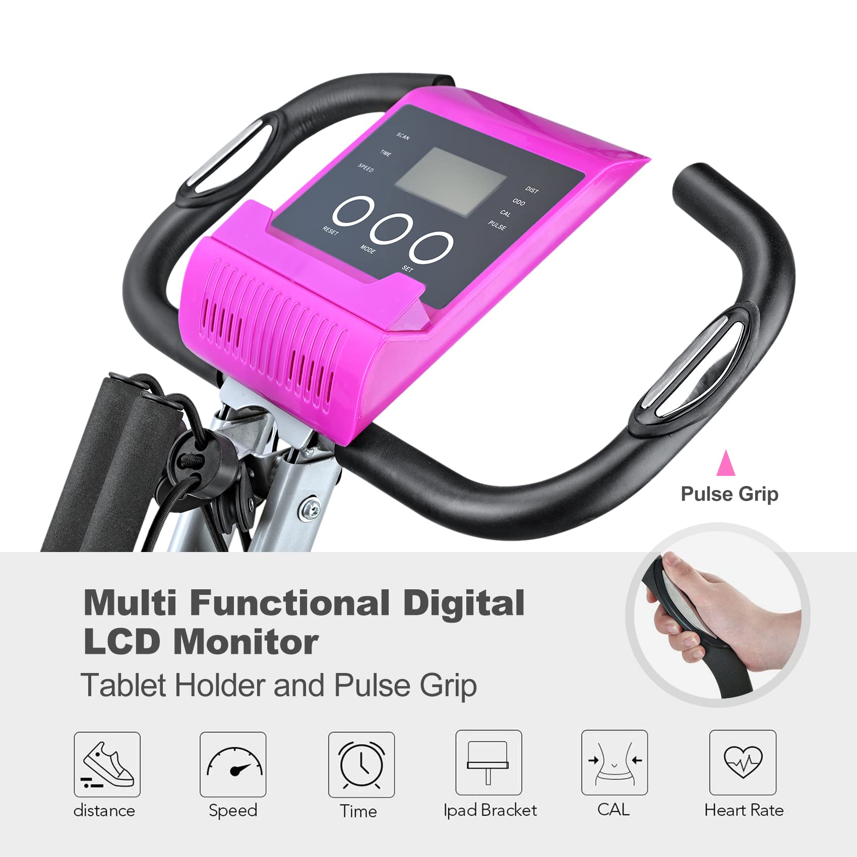 Folding Exercise Bike Portable Upright Adjustable Backrest Cycling Recumbent Stationary Bike Slim Indoor Workout Fitness Cardio Foldable Exercise Bicycle Machine with Pulse Sensor LCD Monitor Arm Backrest-Purple Bike Backrest-Purple Bike U1