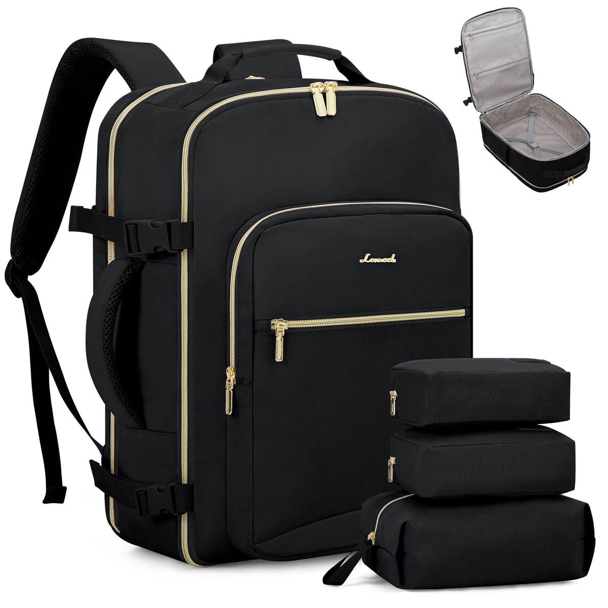 LOVEVOOK Travel Backpack for Women & Men 40L,Airline Approved Carry On Backpack Travel Essentials,TSA Carry on Luggage,Waterproof Personal Item Travel Bag,Suitcase with 3 Packing Cubes,Black-Black Black-black Large-40L-4Pcs U1