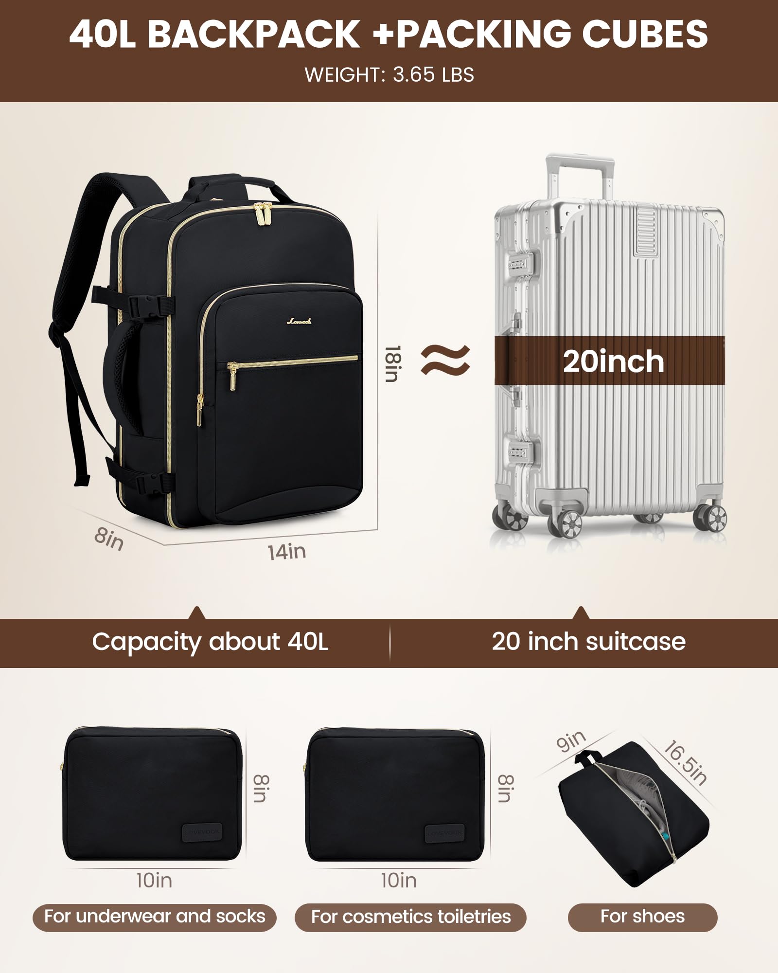 LOVEVOOK Travel Backpack for Women & Men 40L,Airline Approved Carry On Backpack Travel Essentials,TSA Carry on Luggage,Waterproof Personal Item Travel Bag,Suitcase with 3 Packing Cubes,Black-Black Black-black Large-40L-4Pcs U1