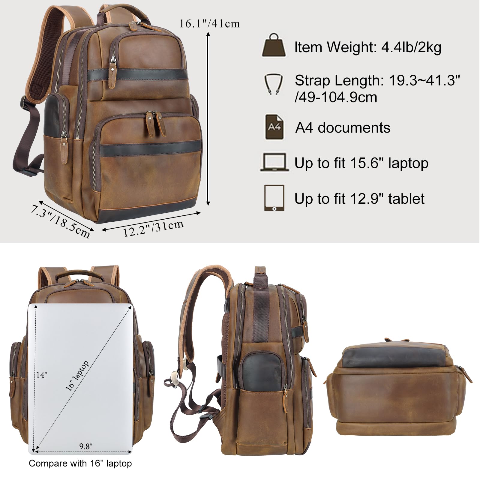 TIDING Men's Vintage Leather Backpack 15.6" Laptop Bag Large Capacity Business Travel Hiking Shoulder Daypacks Brown(fits 15.6" Laptop) X-Large U1