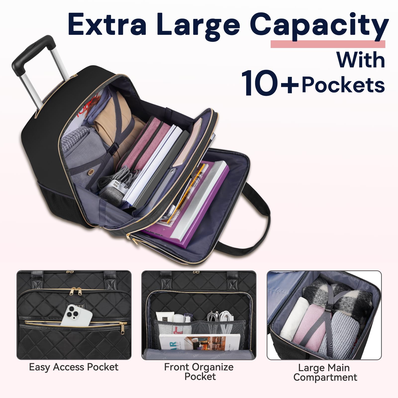 Ytonet Rolling Laptop Bag Women, Rolling Briefcase for Women, 17.3 Inch Laptop Bag with Wheels Rolling Computer Bag Laptop Case for Work Travel College Business Wife Mom Teacher, Black Black Large U1