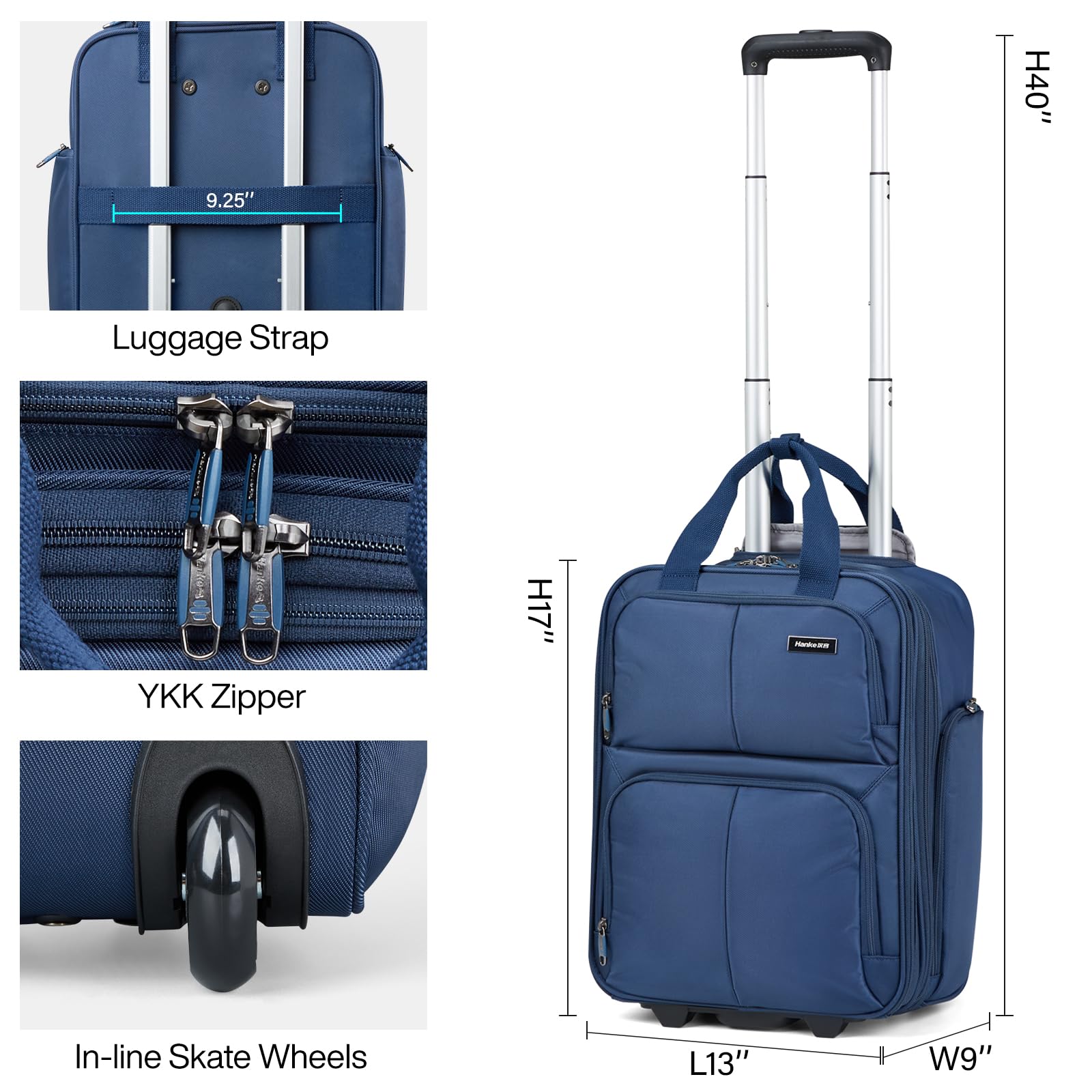 Hanke Softside Expandable Underseat Carry On Bags for Airplanes,Travel Luggage Rolling Bag Personal Item Bag Small Suitcase,Blue,16-Inch Blue Expandable 16-Inch Underseat U1