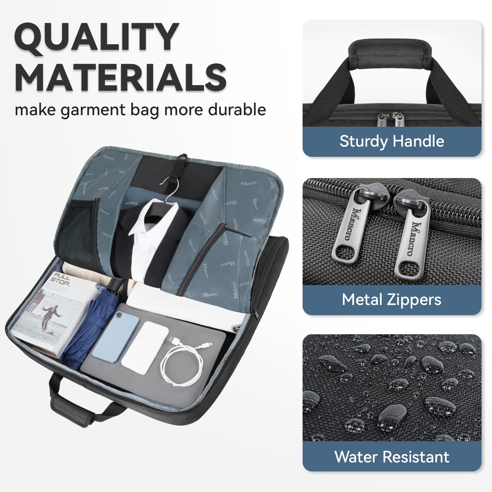 Mancro Garment Bags for Travel, Large Travel Suit Bag for Men Women with Shoulder Strap, Wrinkle Free Carry On Garment Bags for Hanging Clothes, Business Foldable Hanging Luggage Bag for Travel, Black U1