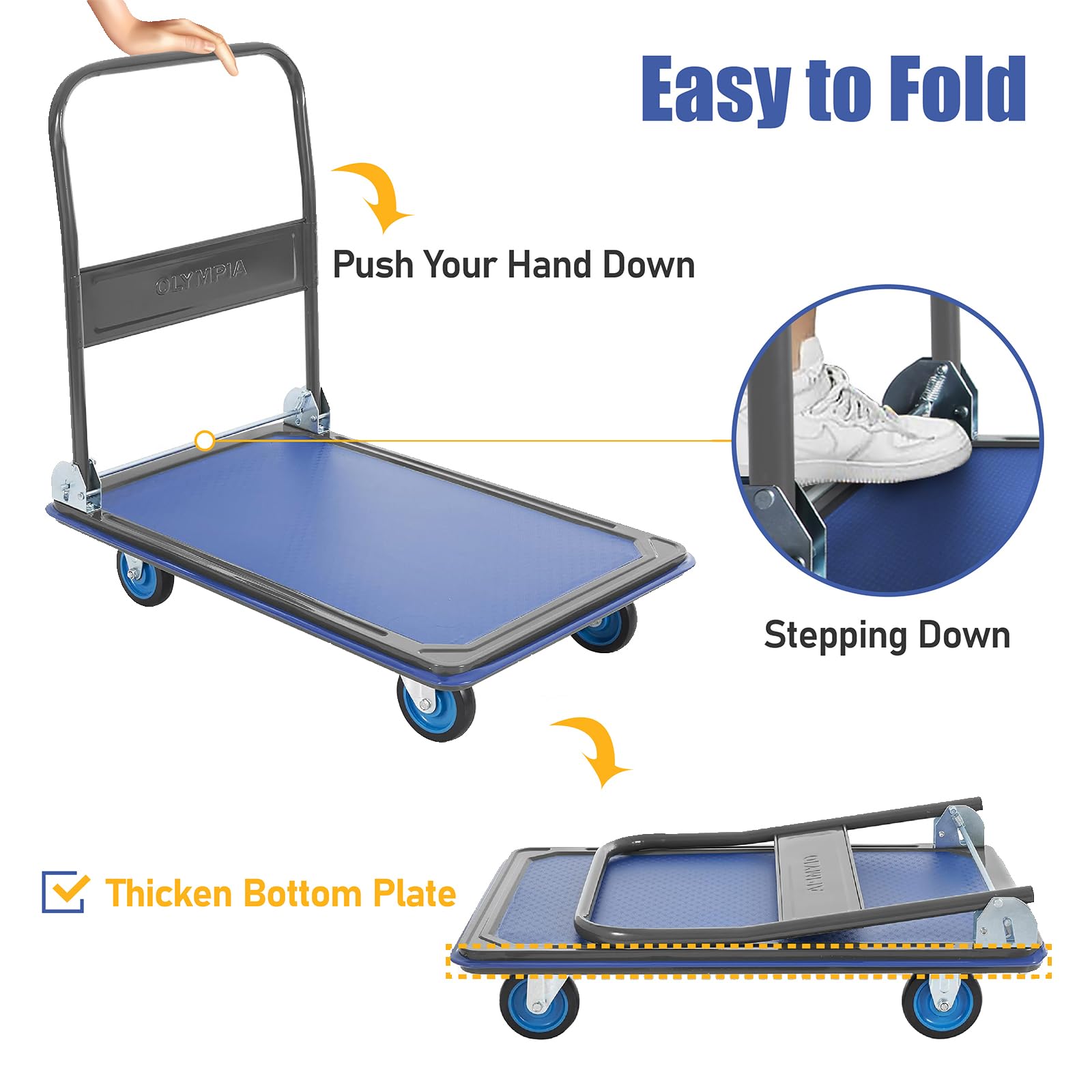 Olympia Tools Foldable Push Cart Dolly - 600 Lb. Capacity Heavy Duty Platform Truck with 360° Swivel Wheels - Blue Olive Green/Blue 600LB Capacity U1