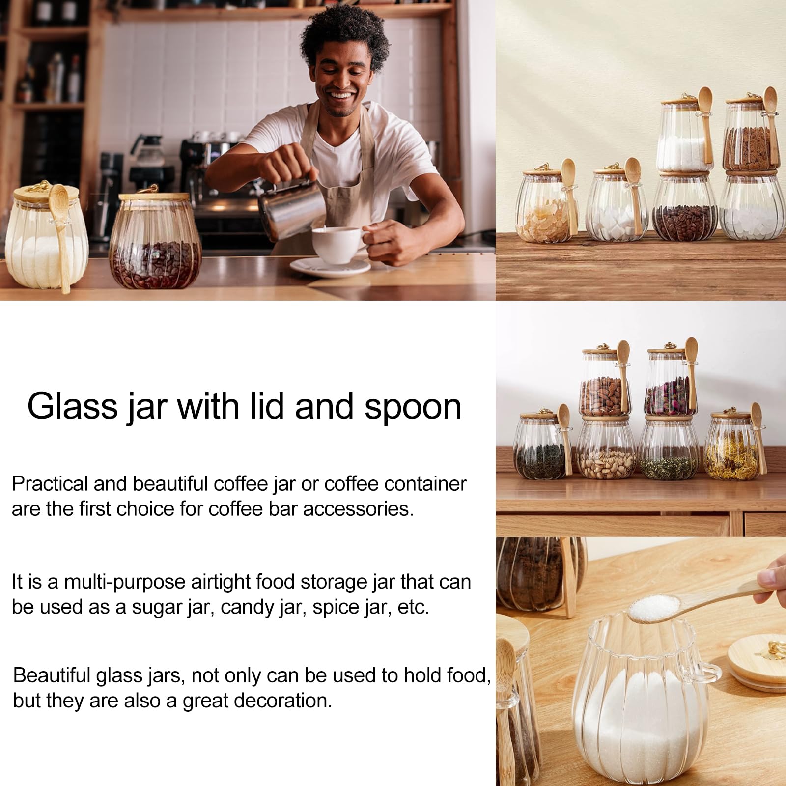 CNWSGEM Sugar Bowls Sugar Container 25.36 FL OZ Glass Coffee Canister Airtight Food Storage Jar with Lid and Spoon Candy Jar Coffee Bar Accessories Storage Beans Powder (Conical) Conical 17/25/27 OZ U1