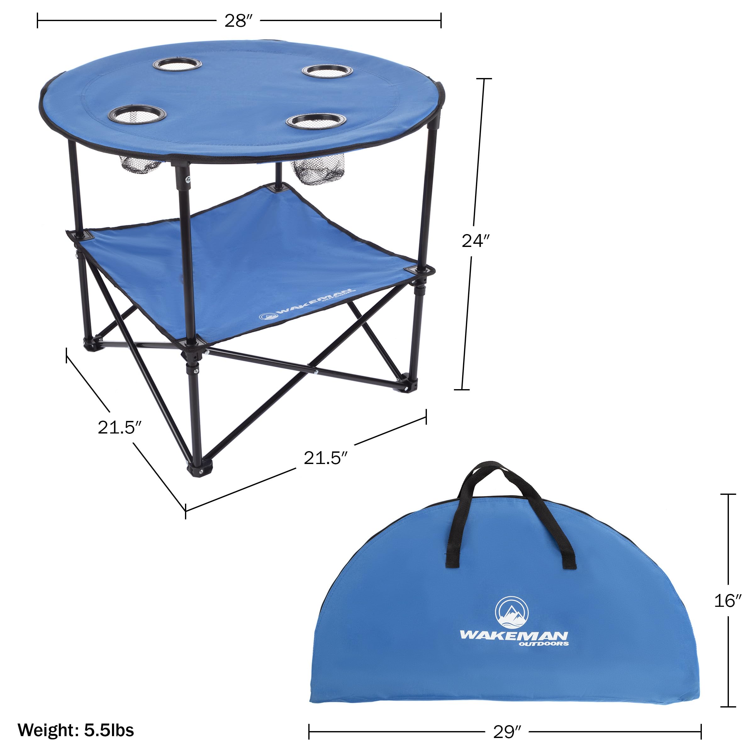 Wakeman Camp Table - Round 2-Tier Folding Table with 4 Cupholders and Carrying Bag - for Camping, Beach, Picnic, Sporting Events, and More Outdoors,Blue Blue 20" x 20" x 25.25" U1