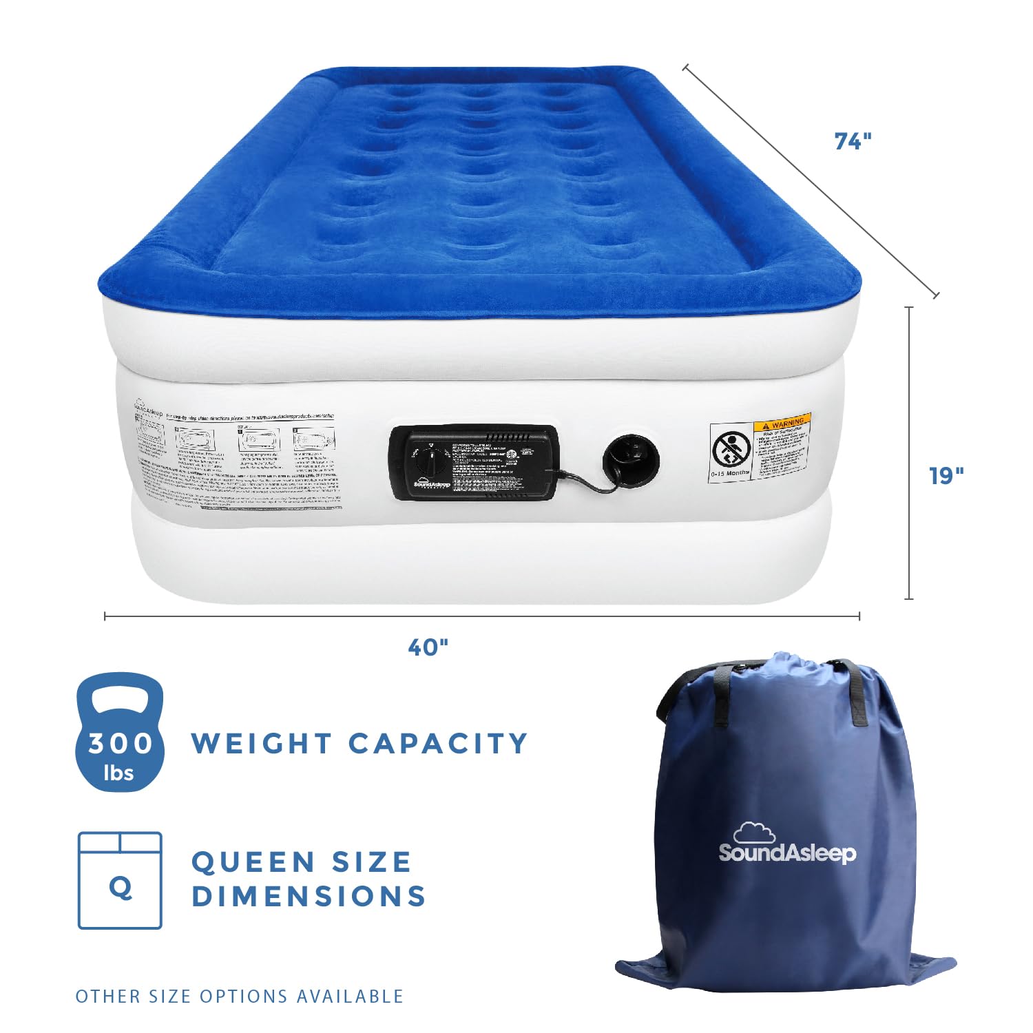 SoundAsleep Products Dream Series Luxury Air Mattress, ComfortCoil Technology, Built-in High Capacity Pump for Home, Camping- Double Height, Adjustable, Inflatable Blow Up, Portable (Twin Size) Blue Twin U1