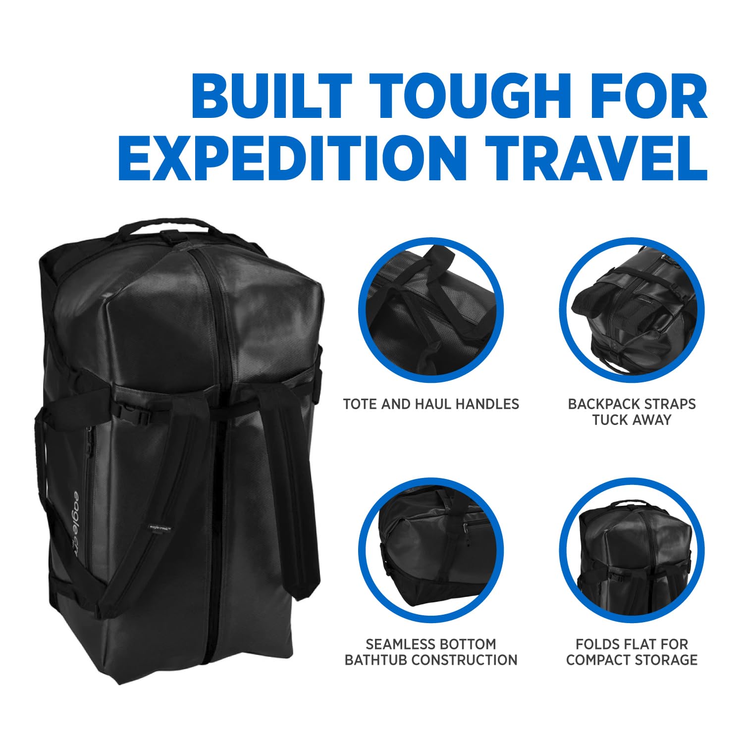 Eagle Creek Migrate 90L Travel Backpack Duffle Bag with Tuck-Away Backpack Straps, Full-Access Wide Mouth Opening & Seamless Bottom Bathtub Construction, Black U2