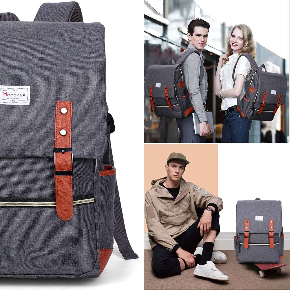 Modoker Vintage Laptop Backpack for Women Men,Travel Backpacks with USB Charging Port Fashion Backpack Fits 15.6Inch Notebook, Grey Grey 15.6 inch U1