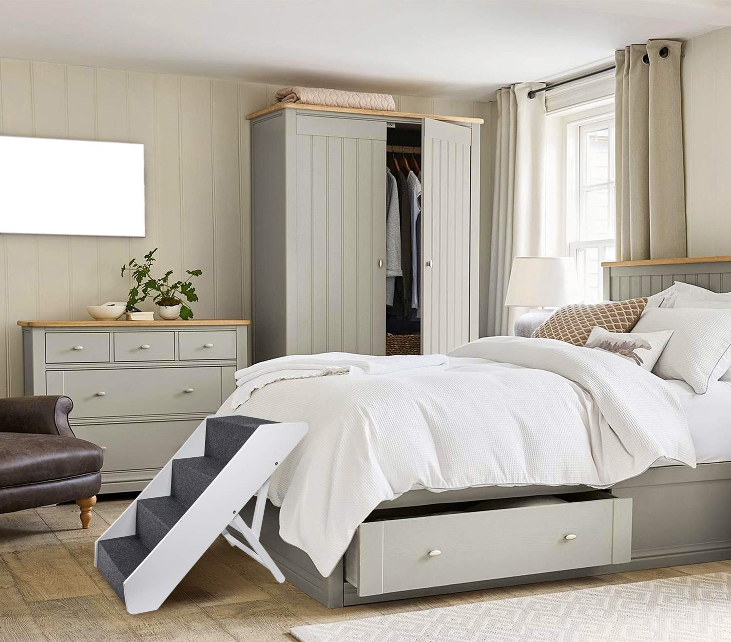 Arf Pets Wood Dog Stairs, 4 Levels Height Adjustment Wide Pet Steps, Foldable, White White  U1