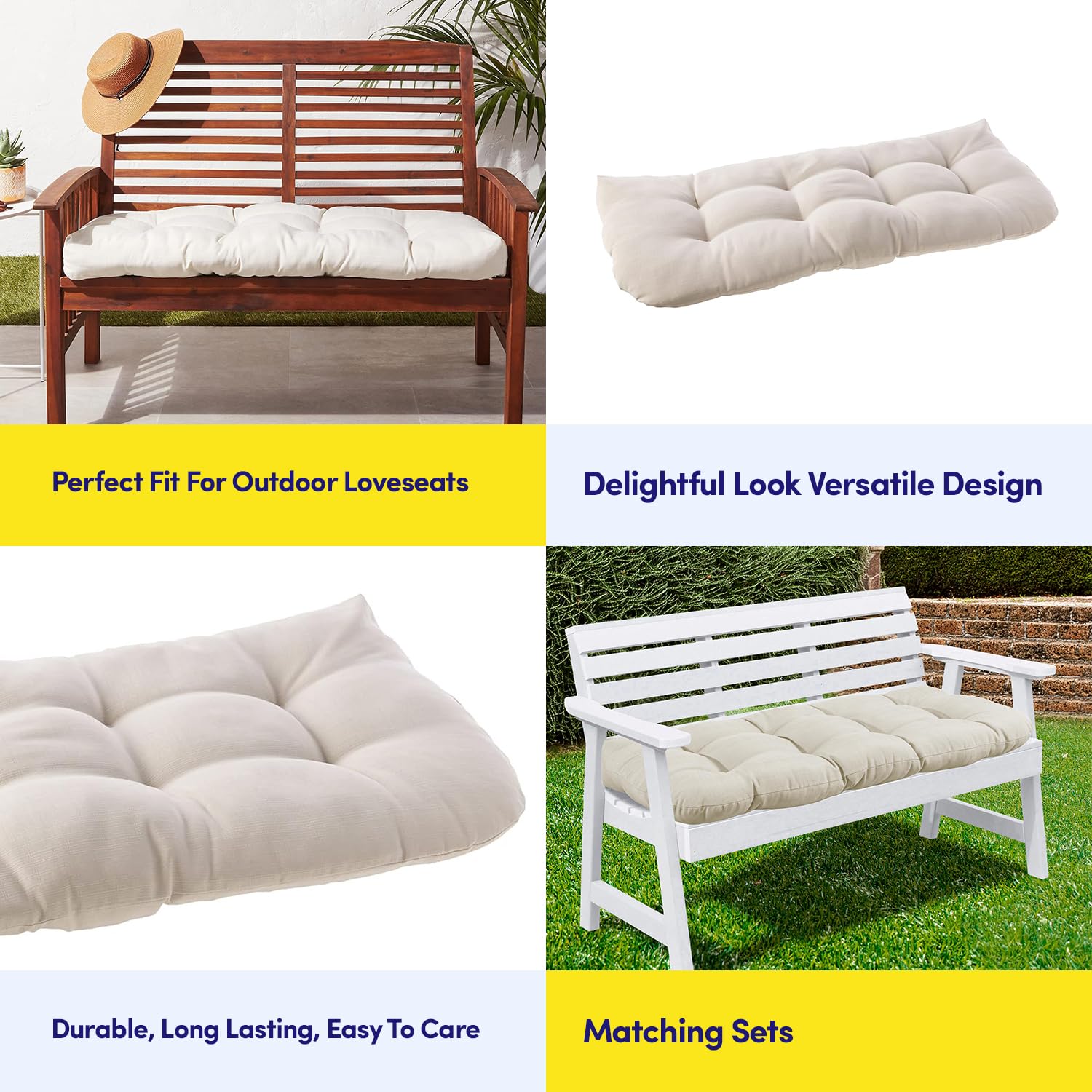 Sweet Home Collection Patio Chair Cushions Outdoor Loveseat Lounge Seat Pads Premium Comfortable Thick Fiber Fill Tufted 44" x 19", 1 Count (Pack of 1), Cream Cream 1 Count (Pack of 1) U1