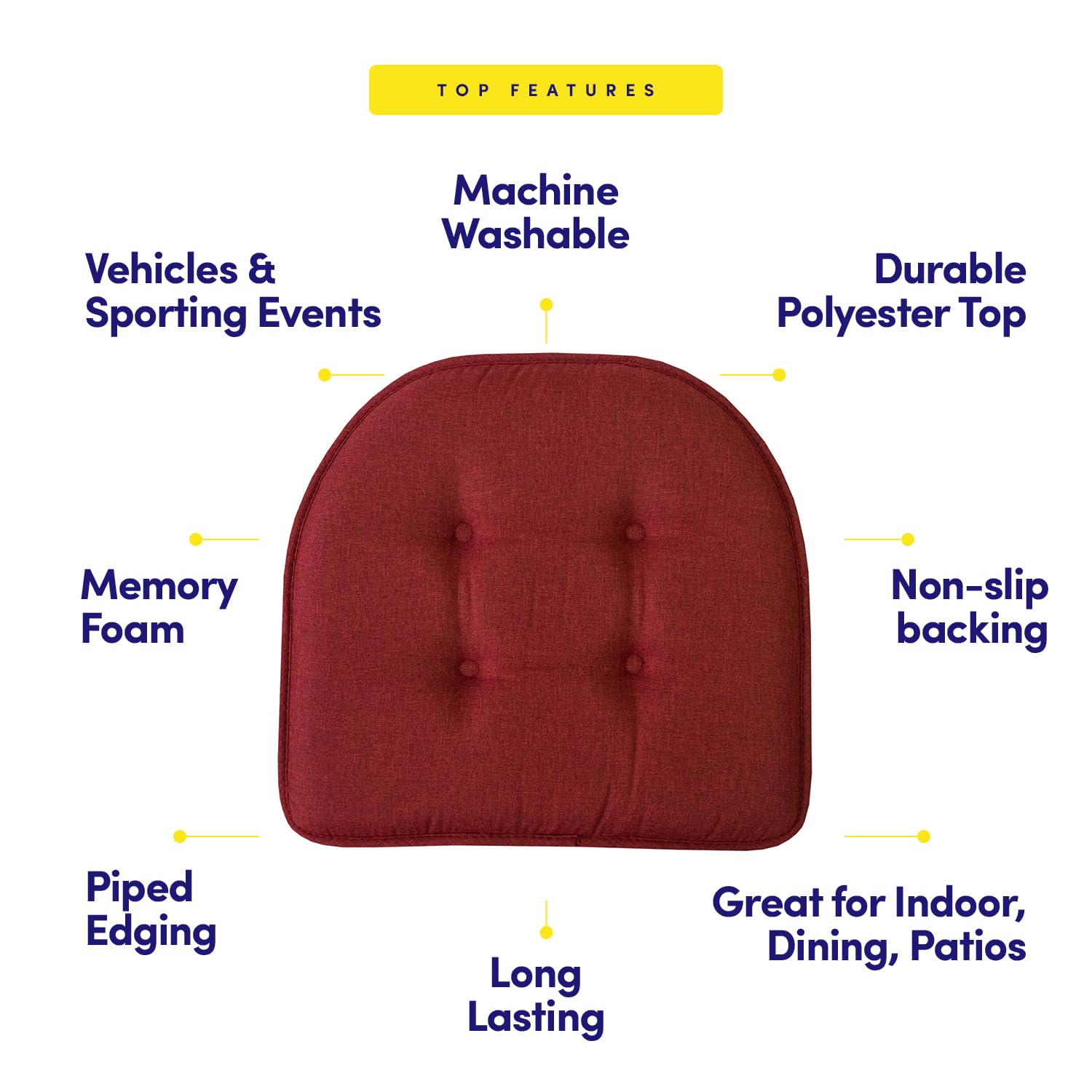 Sweet Home Collection Chair Cushion Memory Foam Pads Tufted Slip Non Skid Rubber Back U-Shaped 17" x 16" Seat Cover, 6 Pack, Wine Burgundy Wine Burgundy 6 Pack U1