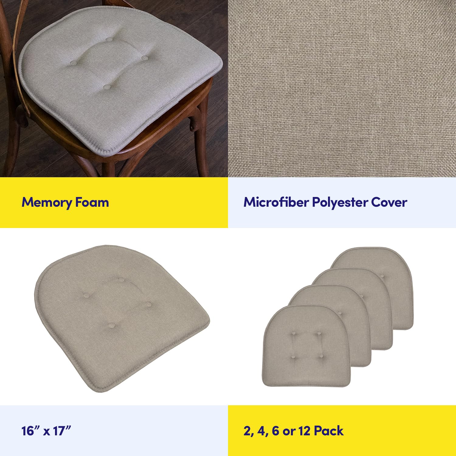 Sweet Home Collection Chair Cushion Memory Foam Pads Tufted Slip Non Skid Rubber Back U-Shaped 17" x 16" Seat Cover, 6 Count (Pack of 1), Khaki Gray Khaki Gray 6 Pack U1