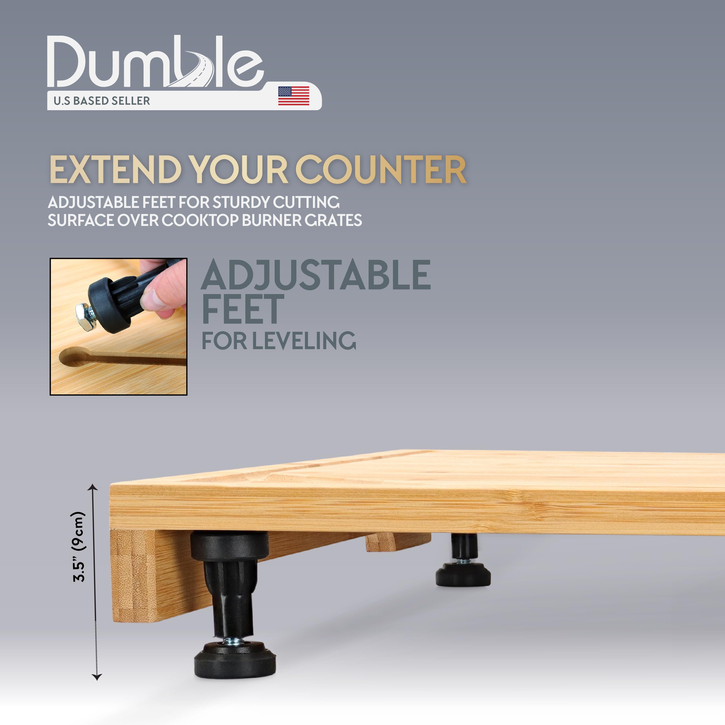 Dumble RV Stove Cover Board - 30x21 Inch Bamboo Cutting Board Stove Cover for Camper Trailer Gas or Electric Range - Noodle Board Butcher Block for Cooktop with Adjustable Height Feet U1