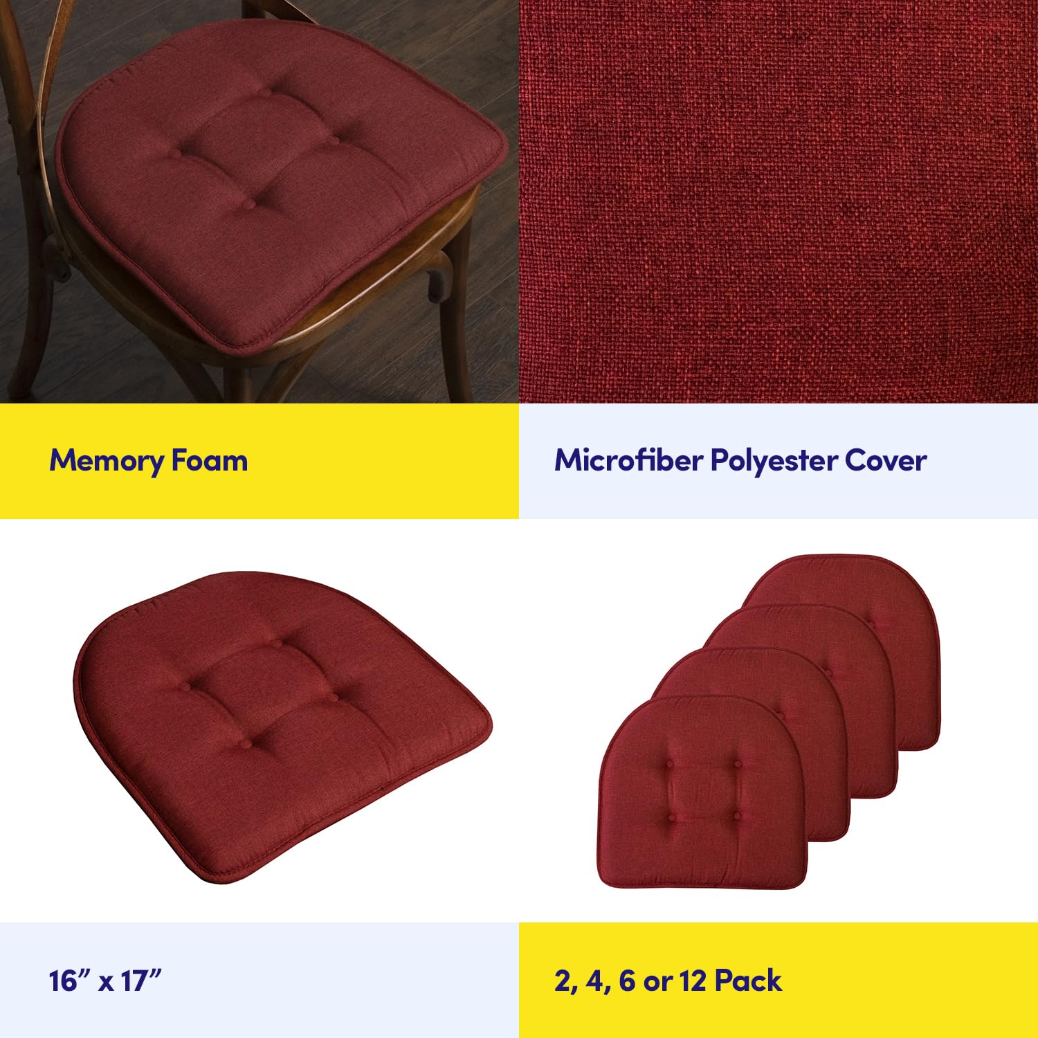 Sweet Home Collection Chair Cushion Memory Foam Pads Tufted Slip Non Skid Rubber Back U-Shaped 17" x 16" Seat Cover, 6 Pack, Wine Burgundy Wine Burgundy 6 Pack U1