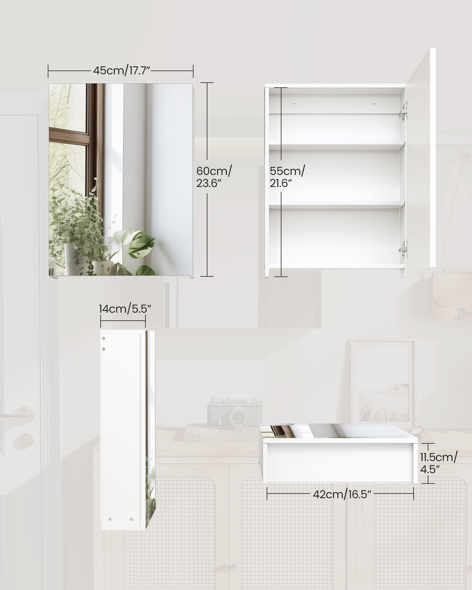 Fomayko Wall-Mounted Bathroom Vanity with Mirror, Medicine Cabinet with Storage Function, Hanging Storage Cabinet, Adjustable Shelves, White White 17.7''L x 5.5''W x 23.6''H U3