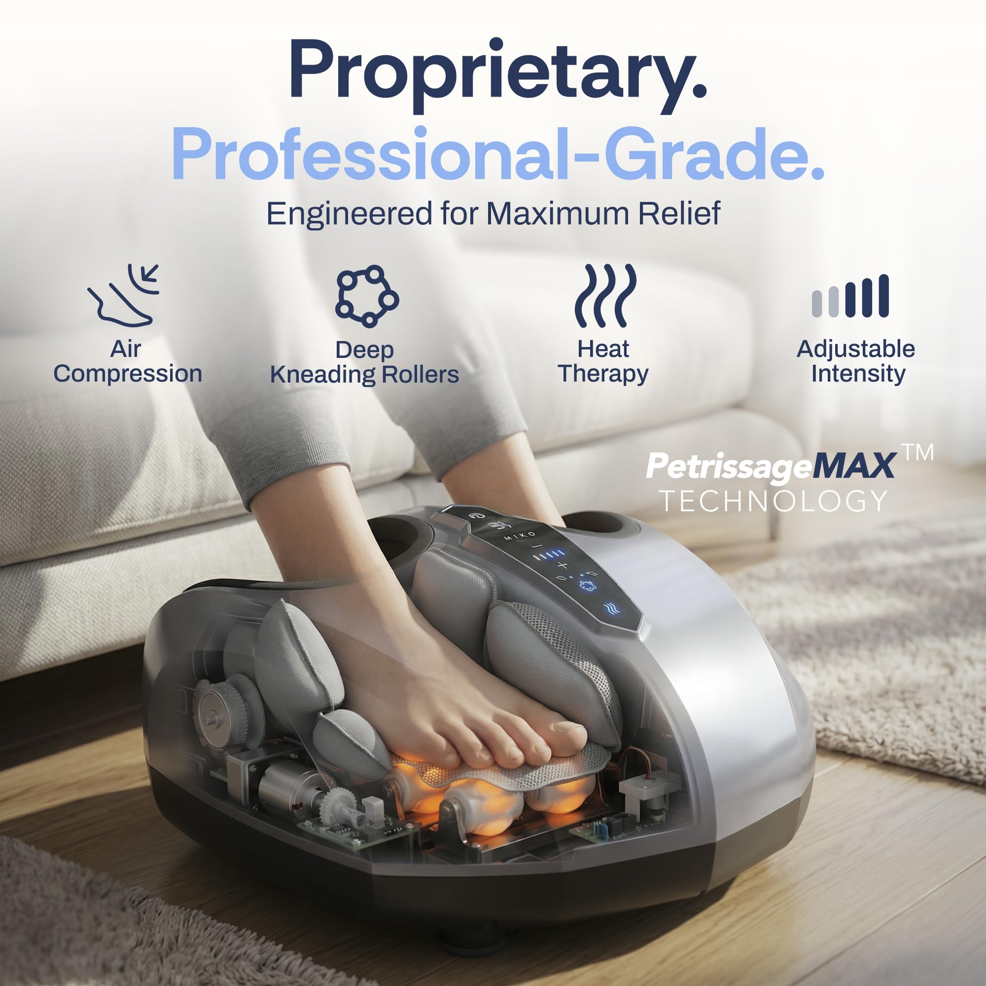 MIKO Foot Massager Machine with Deep-Kneading, Compression, Shiatsu, and Heat for Plantar Fasciitis, Neuropathy - Fits up to Men Size 12 Grey With Button Grey U1
