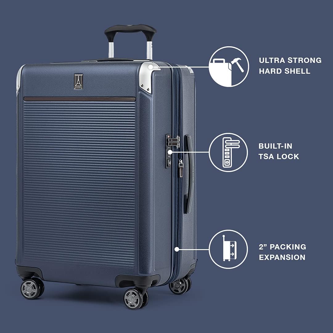 Travelpro Platinum Elite Hardside Expandable Spinner Wheel Luggage TSA Lock Hard Shell Polycarbonate Suitcase ( True Navy Blue , Checked- Medium 25-Inch ) True Navy Blue Checked Medium 25 Inch U1
