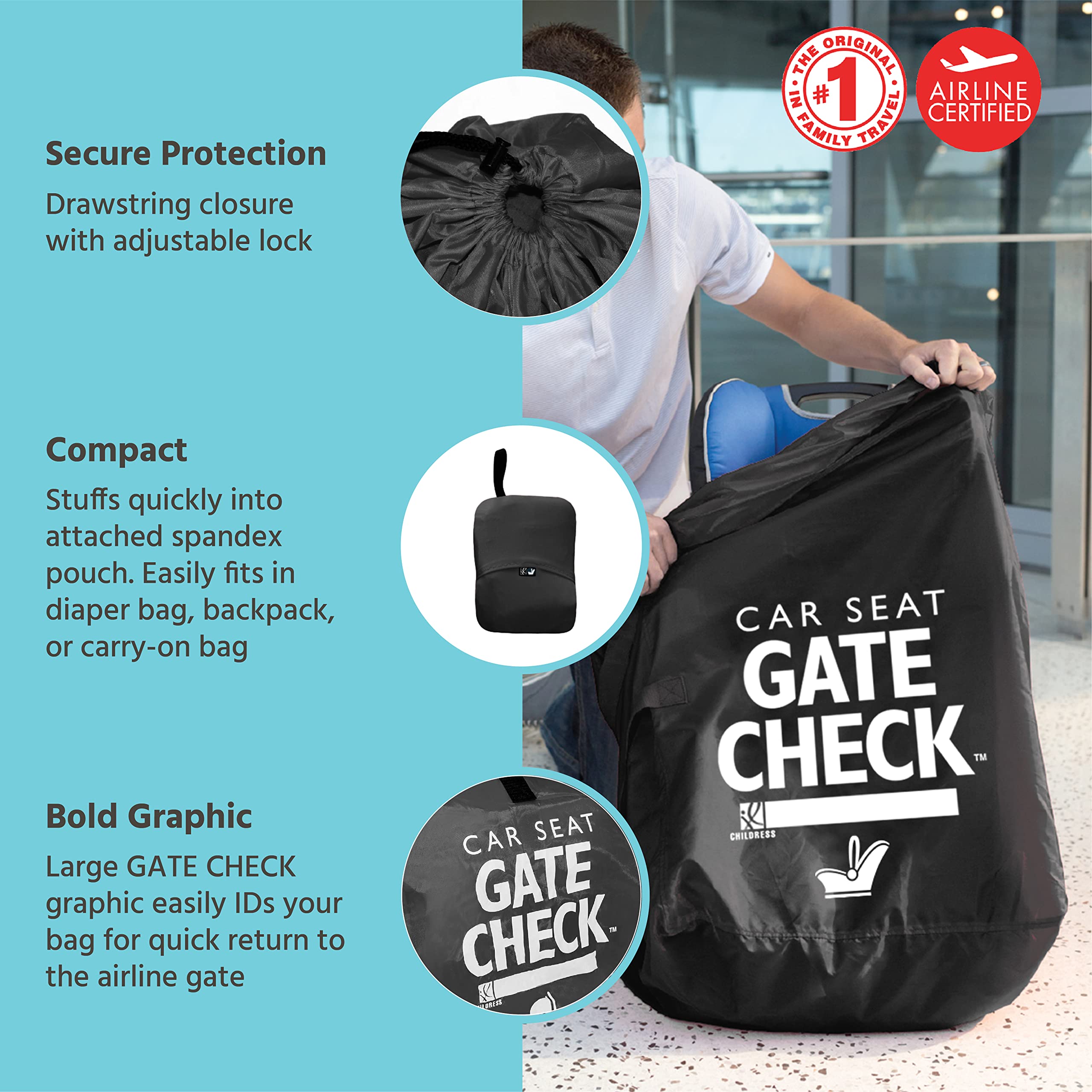 J.L. Childress Gate Check Bag for Car Seats - Air Travel Bag - Fits Convertible Car Seats, Infant carriers & Booster Seats ( Black , One Size ) Black One Size U6