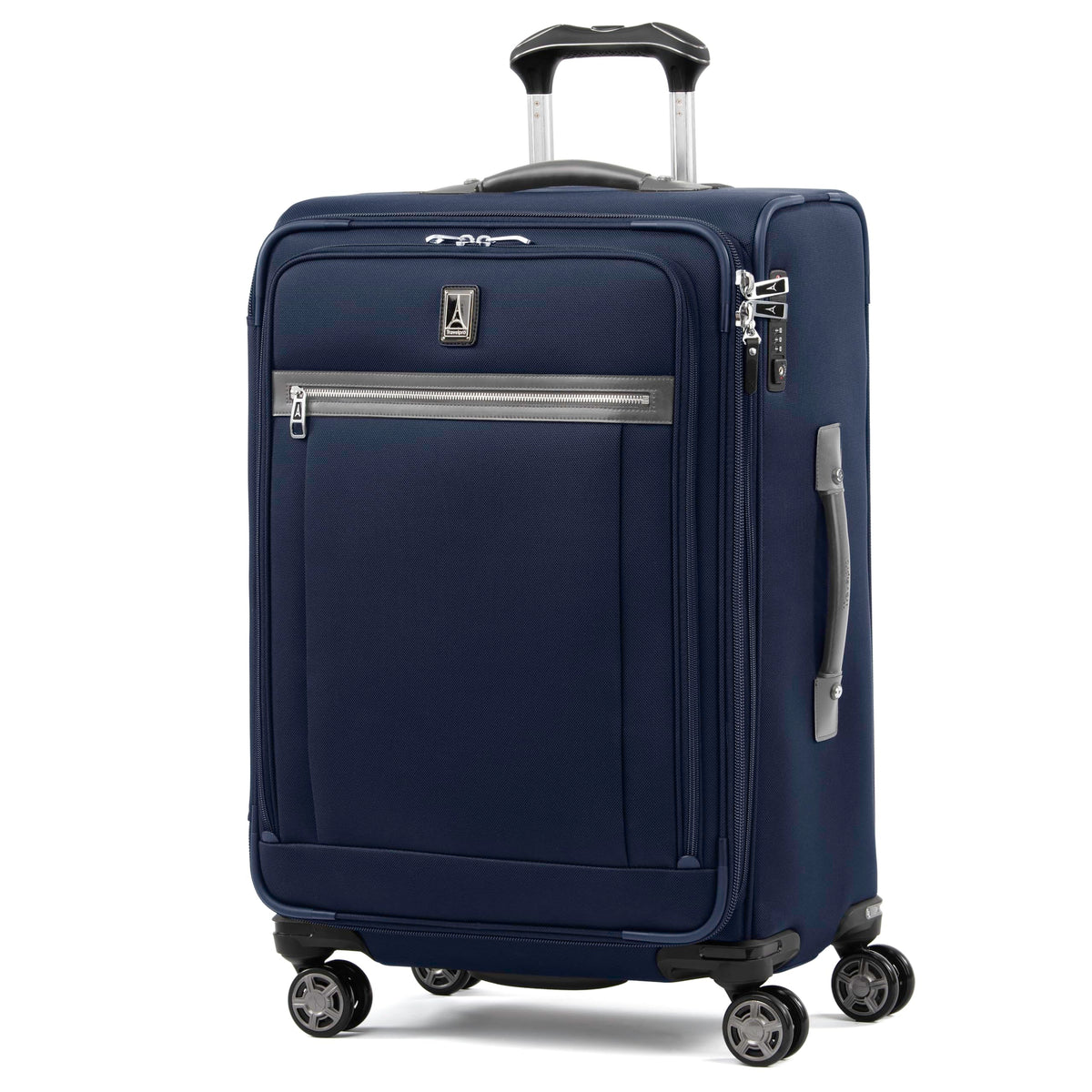 Travelpro Platinum Elite Softside Expandable Checked Luggage, 8 Wheel Spinner Large Suitcase, TSA Lock, Men and Women ( Dark Blue , Checked-Medium 25-Inch ) Dark Blue Checked Medium 25 Inch U1
