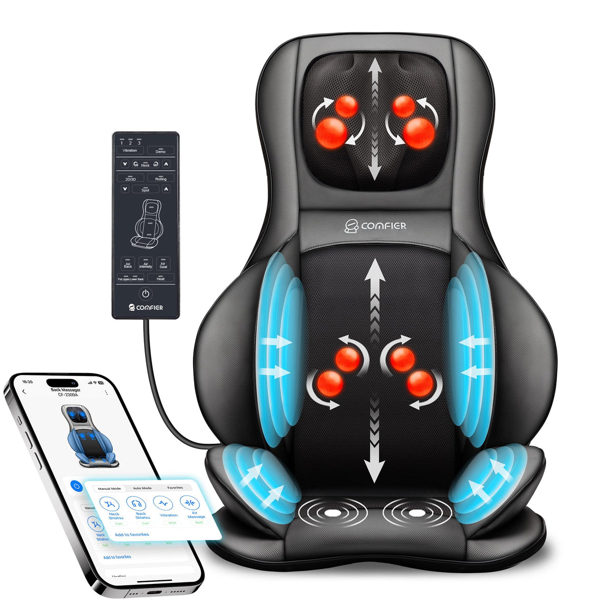 COMFIER Shiatsu Neck Back Massager with Heat,2D/3D Massage Chair Pad with App Control,Deep Tissue Kneading Massage Chair Pad with Compression,Chair Massager for Full Body,Gifts for Mom,Dad, Black Jet Black-app  U1