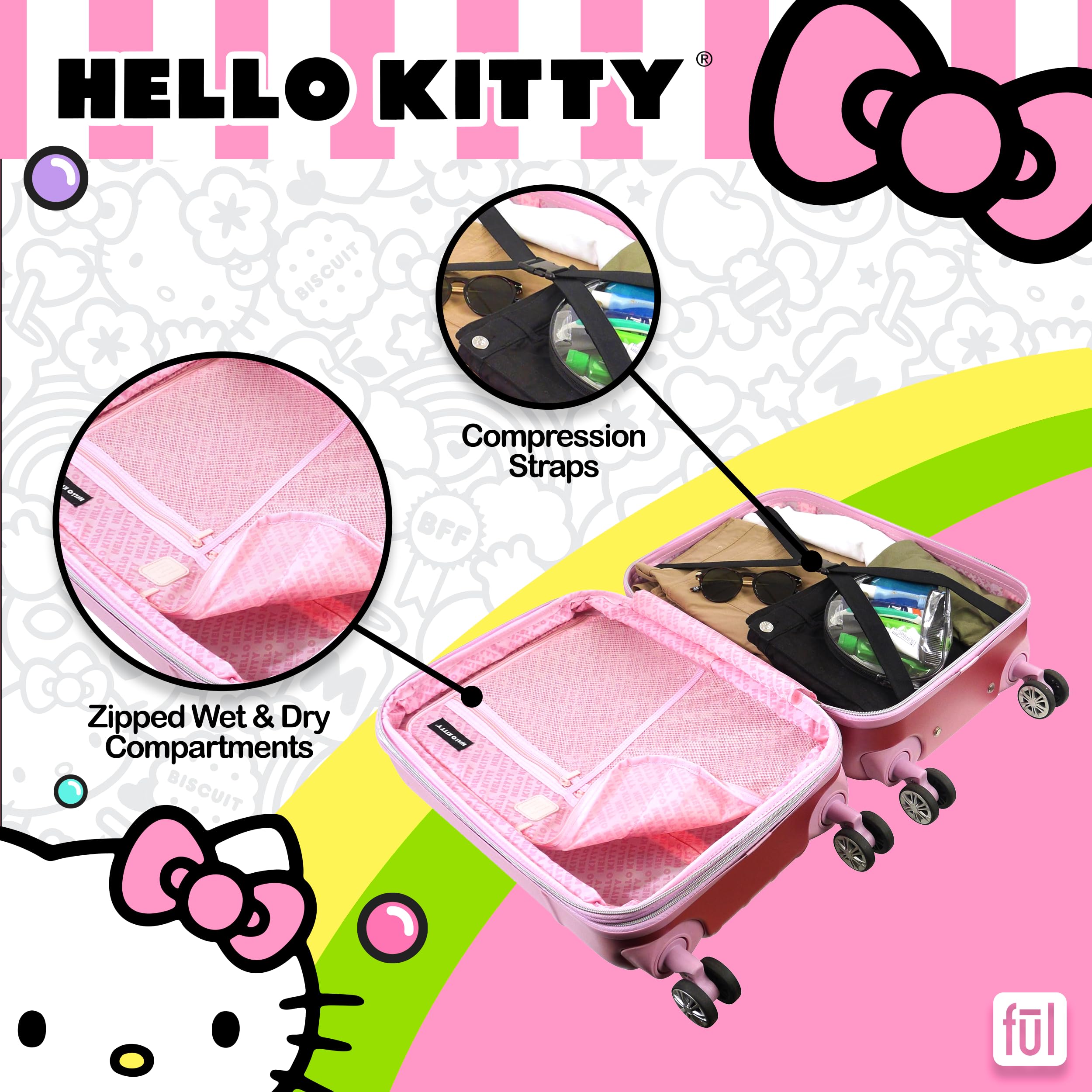 FUL Hello Kitty 21 Inch Carry On Luggage, Molded Hardshell Rolling Suitcase with Spinner Wheels, Pink Pink 21 Inch U1