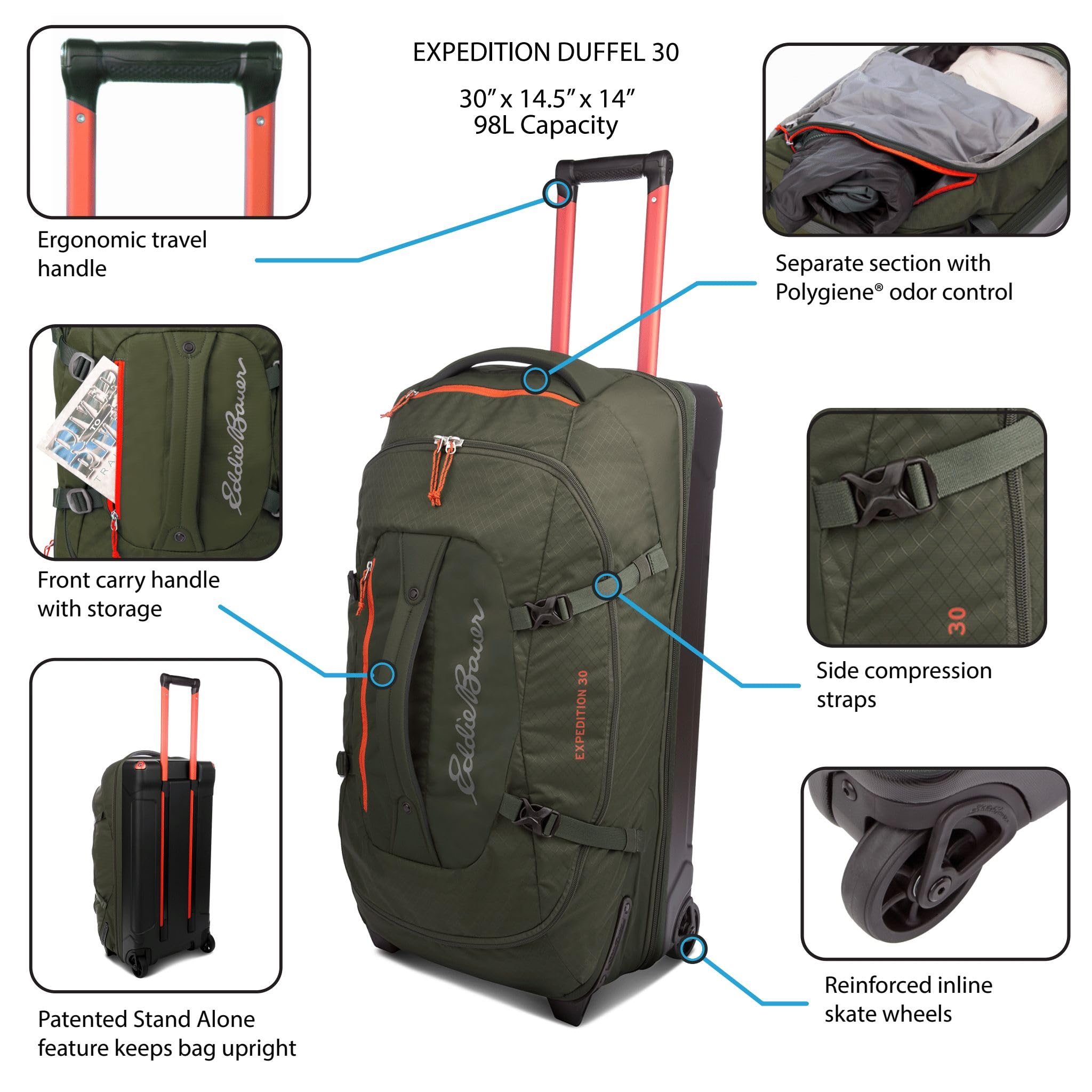 Eddie Bauer Expedition Duffel Bag 2.0-Made from Rugged Polycarbonate and Nylon, Dark Thyme, 30L U1