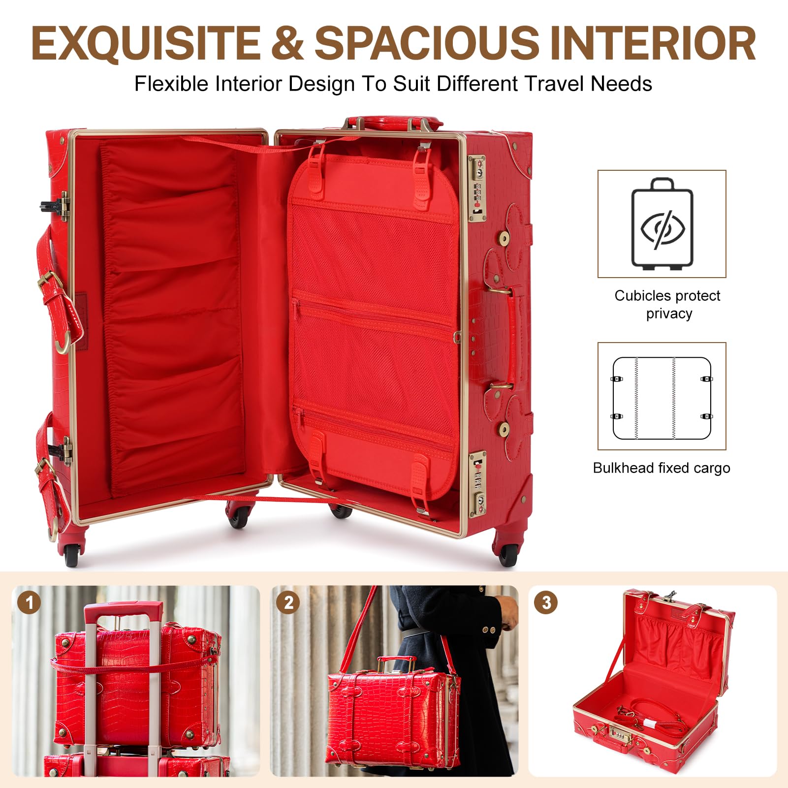 urecity Vintage Luggage Set of 2, Retro Suitcase Trunk with Wheels for Men and Women, Cute Designer Travel Luggage Set with Boarding Tote, Luggage Zipperless TSA Approved Red 20"+12" U1