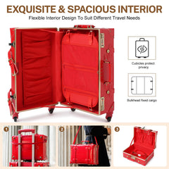 urecity Vintage Luggage Set of 2, Retro Suitcase Trunk with Wheels for Men and Women, Cute Designer Travel Luggage Set with Boarding Tote, Luggage Zipperless TSA Approved Red 20"+12" U1