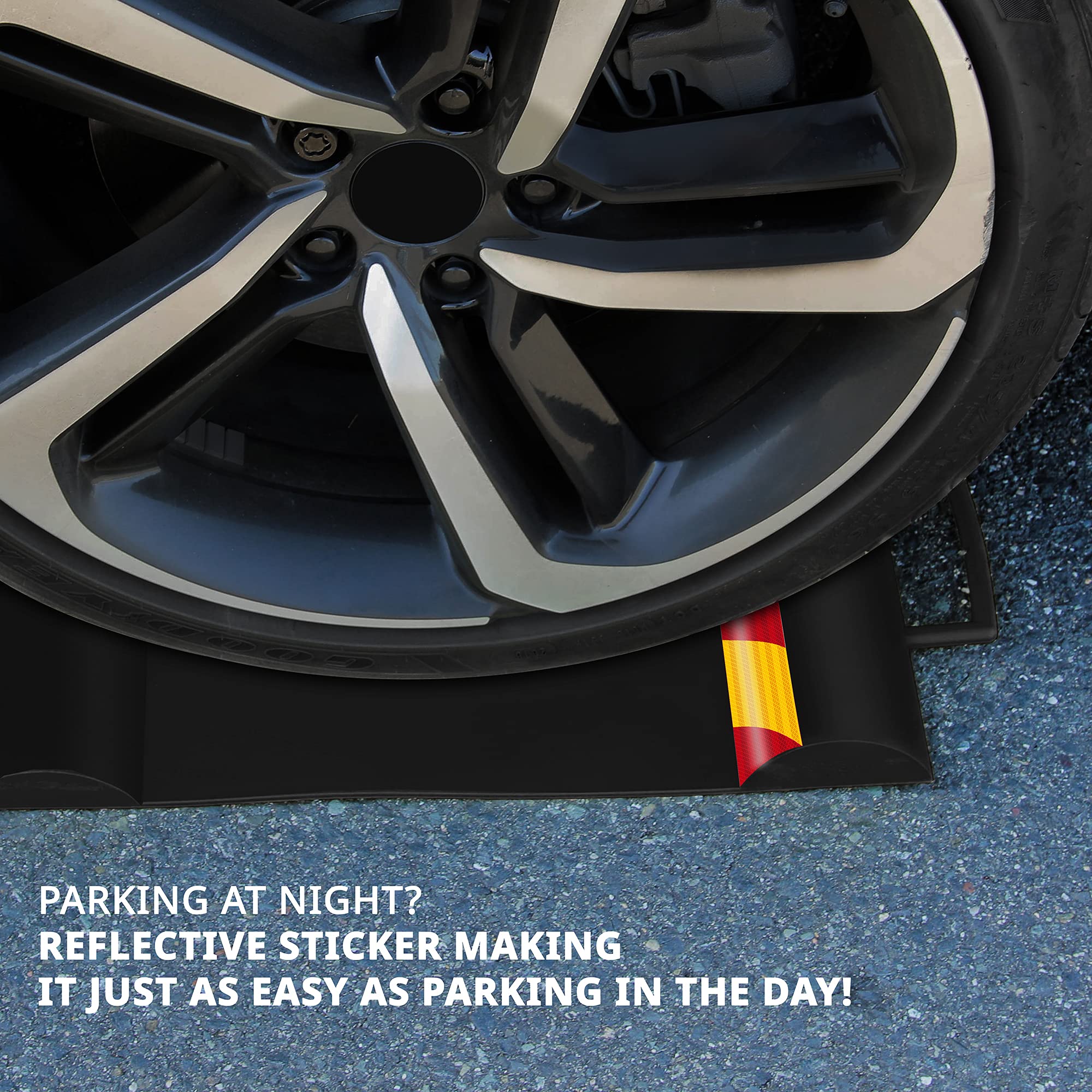 RaxGo Car Parking Mat, Garage Wheel Stopper Parking Aid, Tire Guides for Cars, Trucks & Vehicles | Anti-Skid Grips, Easy Install Adhesive, Carry Handles & Reflective Strips, Black | Pack of 2 Mats U1