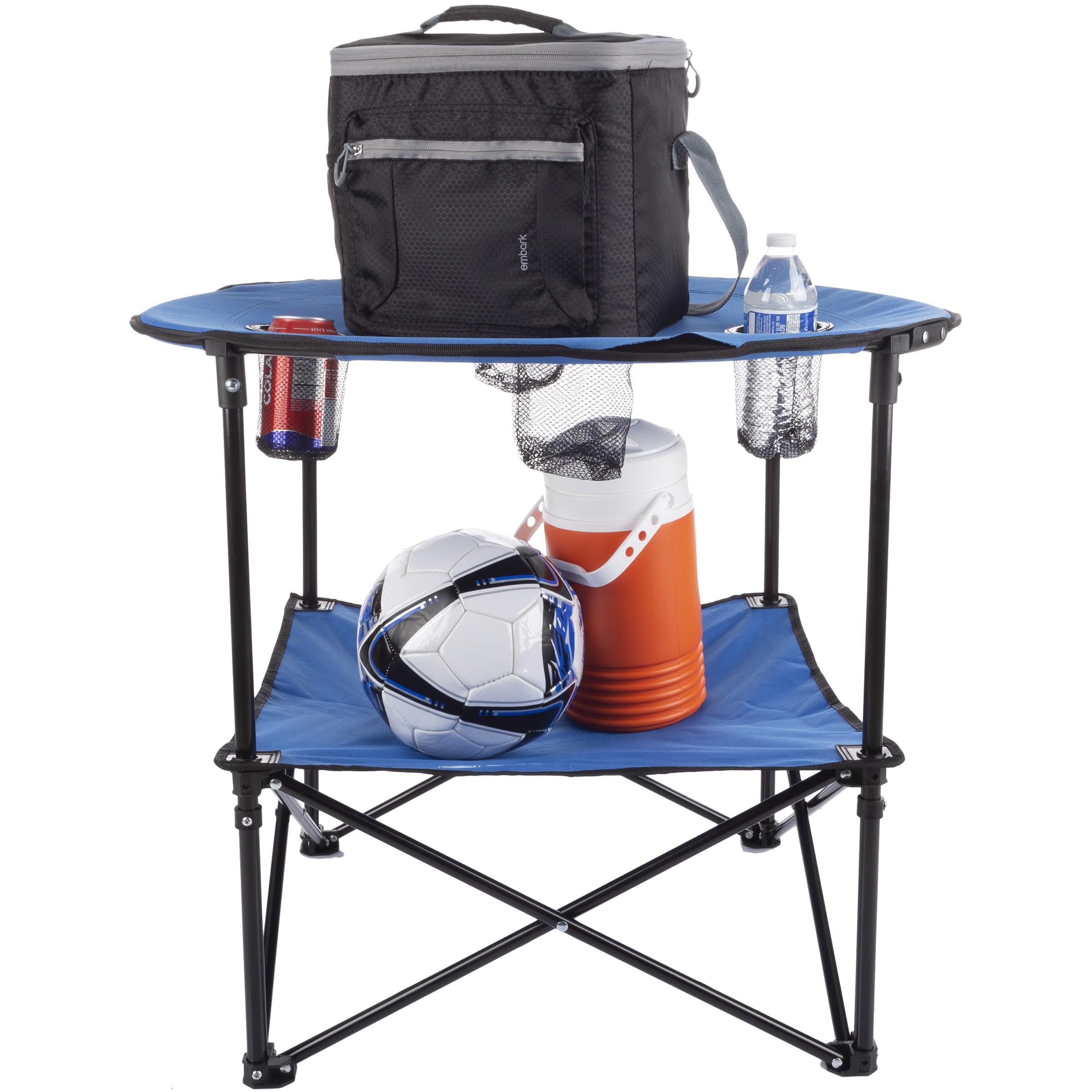 Wakeman Camp Table - Round 2-Tier Folding Table with 4 Cupholders and Carrying Bag - for Camping, Beach, Picnic, Sporting Events, and More Outdoors,Blue Blue 20" x 20" x 25.25" U1