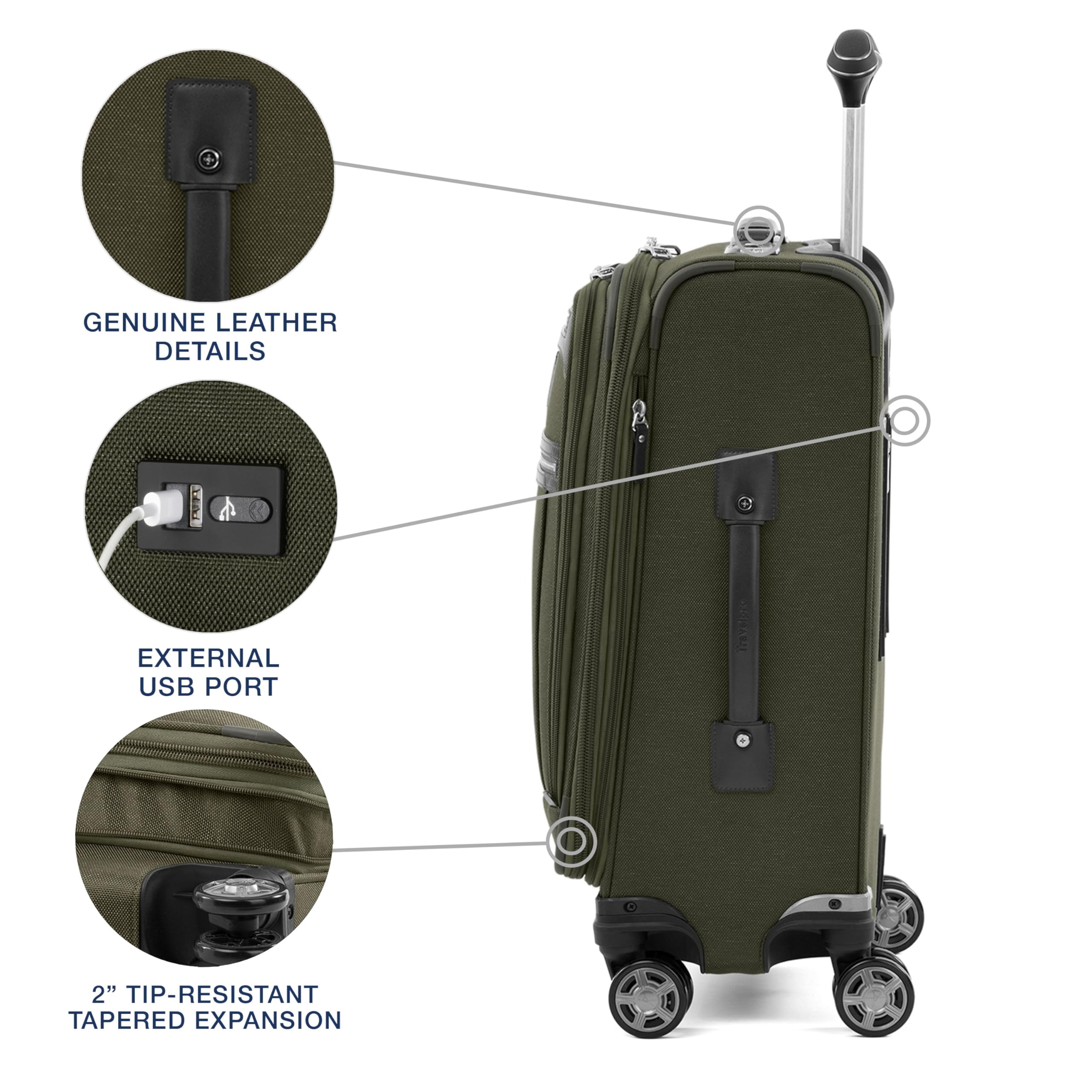 Travelpro Platinum Elite Softside Expandable Carry on Luggage, 8 Wheel Spinner Suitcase, USB Port, Suiter, Men and Women, Pilot Green, Carry On 21-Inch Pilot Green Carry-On 21-Inch U3